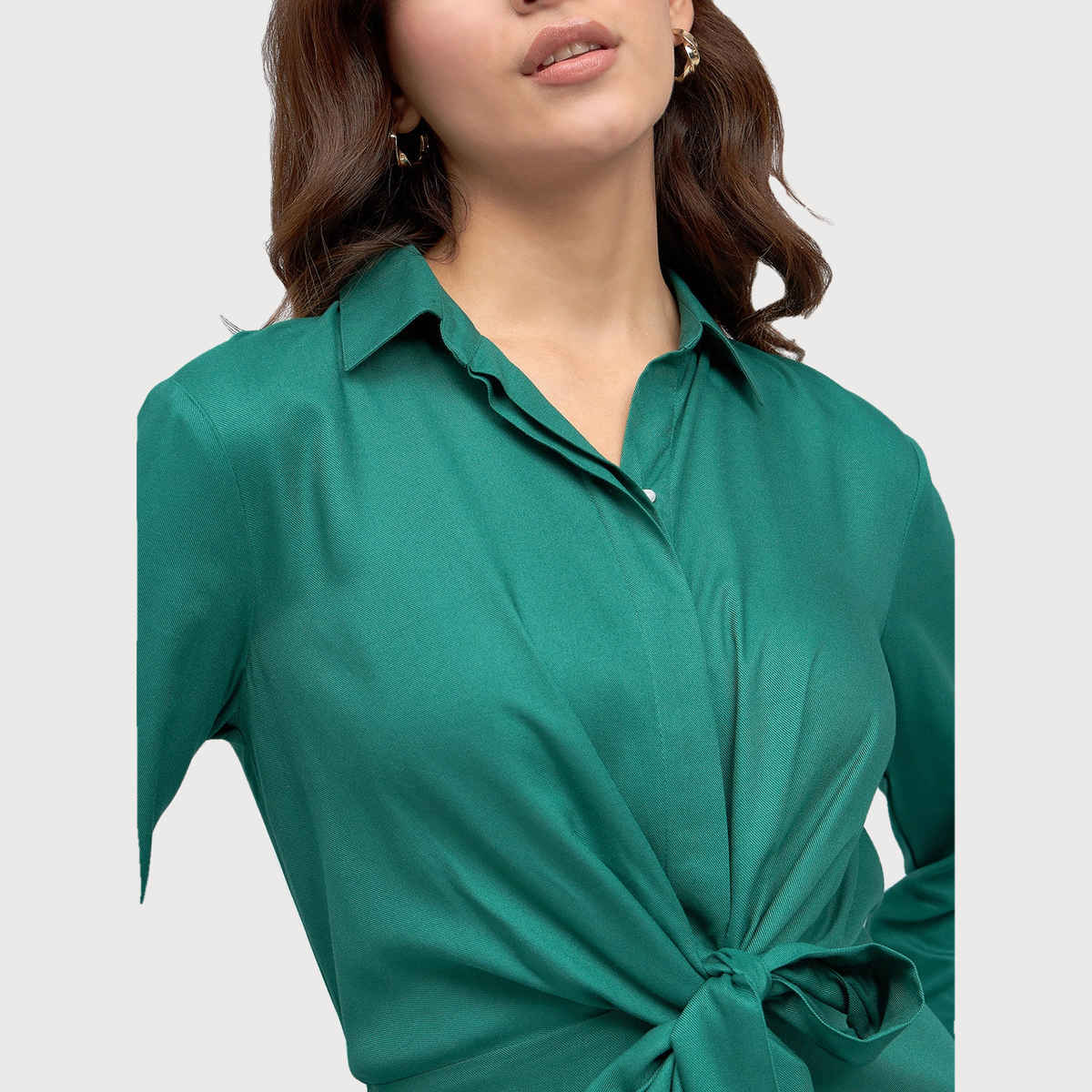 DL Women's Tie Ups Cotton Mini Shirt Dress | DLWDRW23005 | Green - M