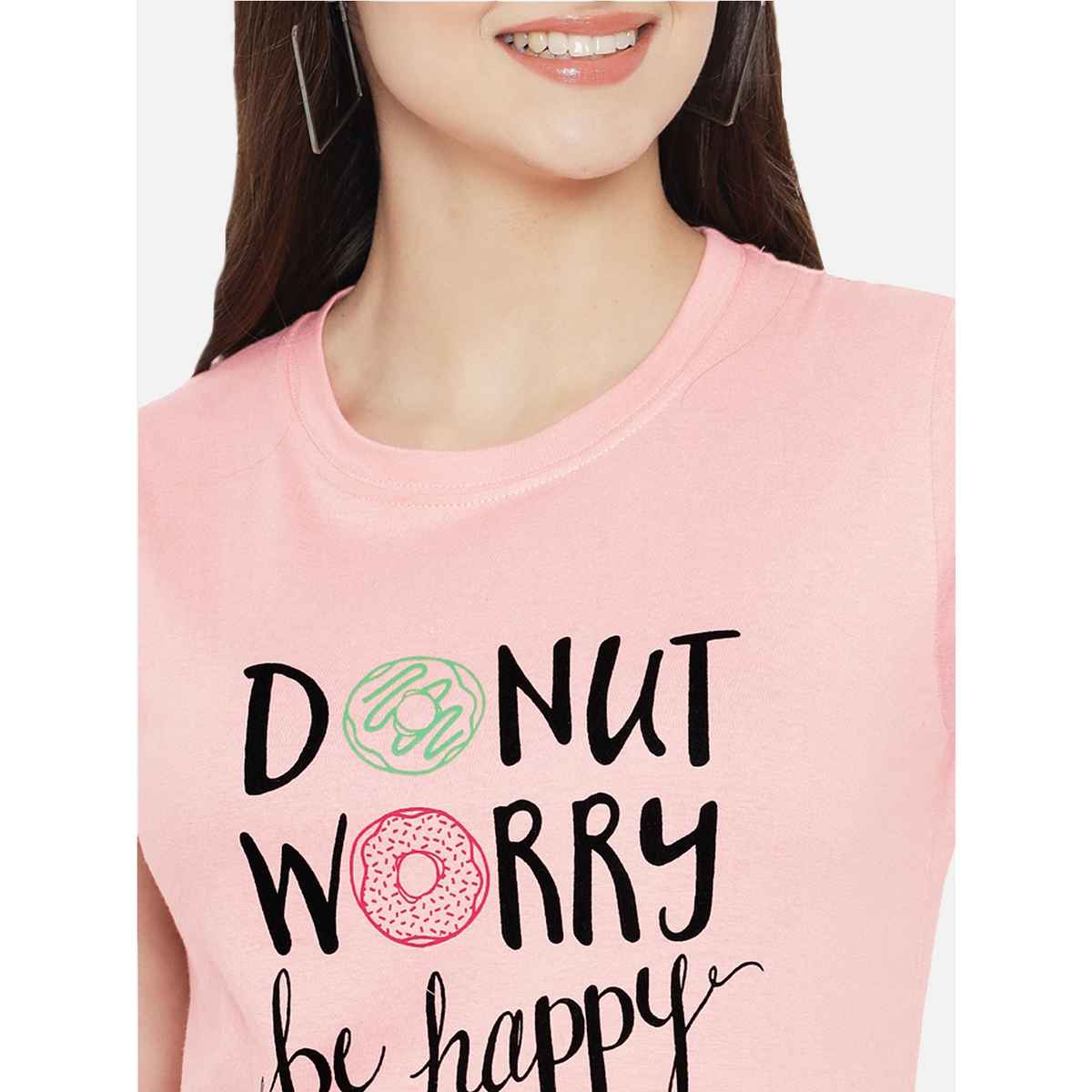 Fabflee Women Regular Cotton Printed Round Neck Tshirt | Pink | FAB-WT-07 | L