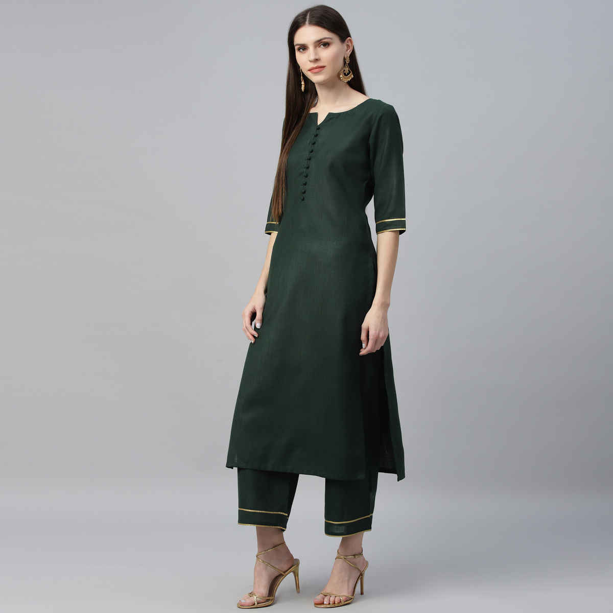 Libas Women Green Solid Straight Kurta And Green Solid Palazzo With Green Dupatta - 6871L