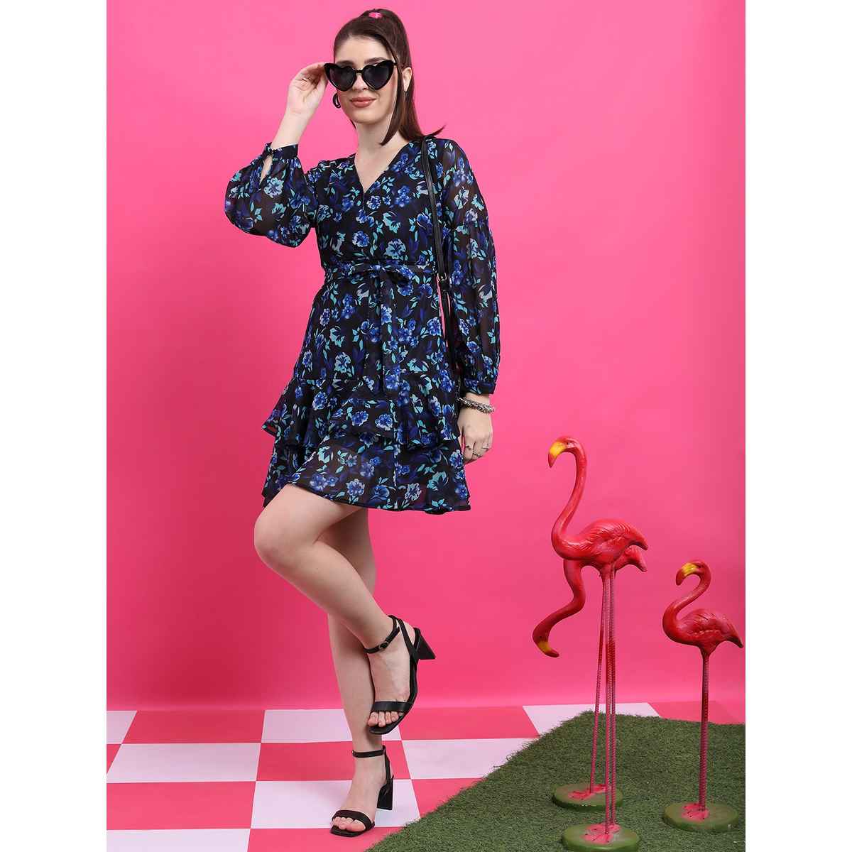 Ketch Women Blue & Black Floral Printed V-Neck Puff Sleeves Layered Fit & Flare Dress | Blue | XL