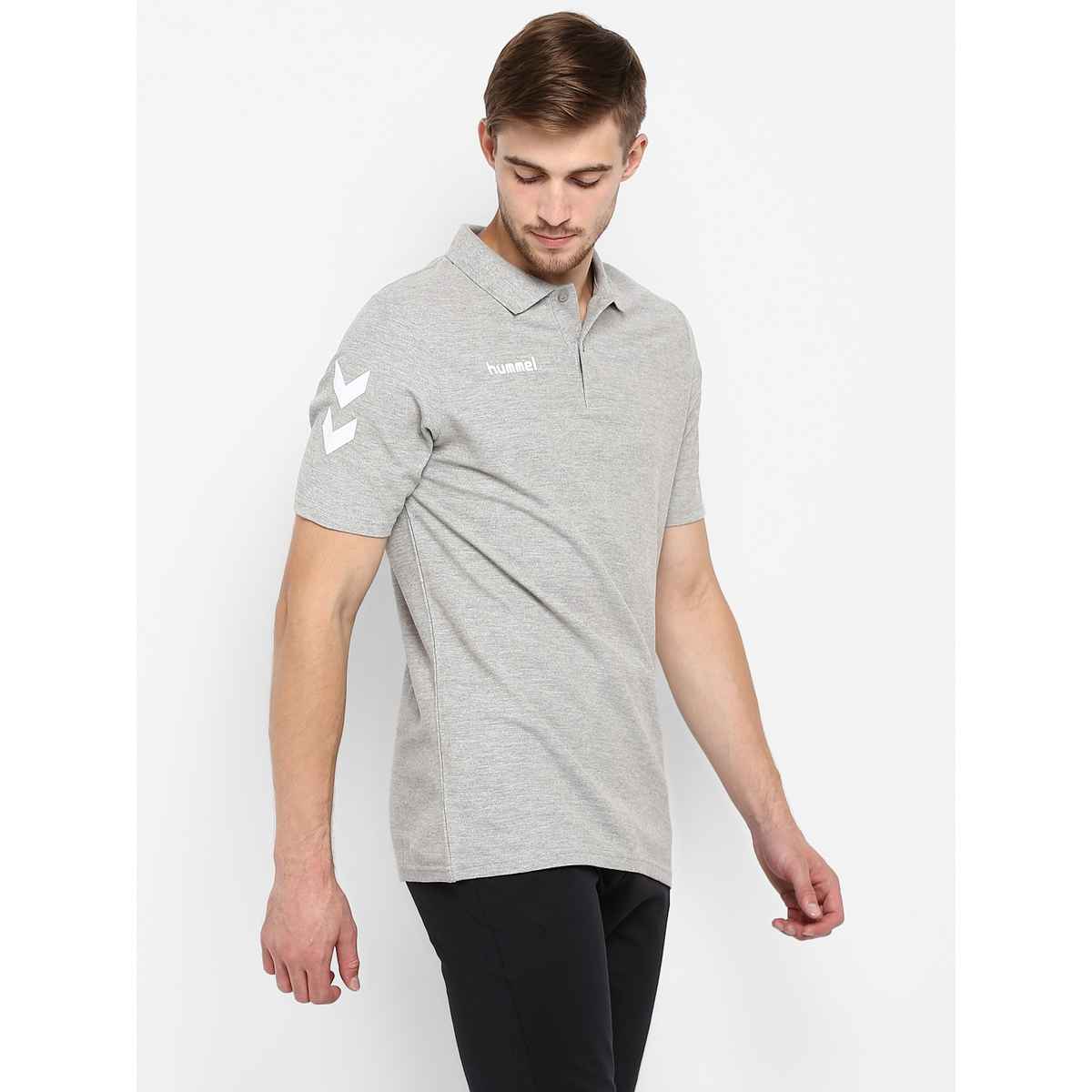 hummel Men's Go Polo Neck Solid Regular Fit Cotton Poly T-shirt | Grey Melange - XL