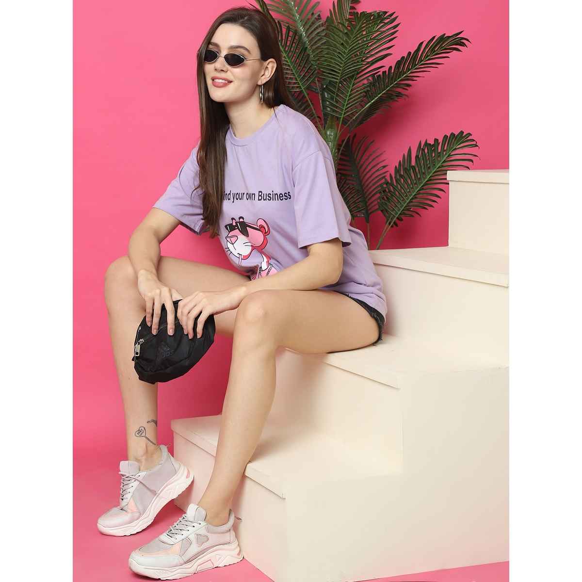 Fabflee Women Oversize Cotton Printed Round Neck Tshirt | Purple | FAB-OS-517 | S