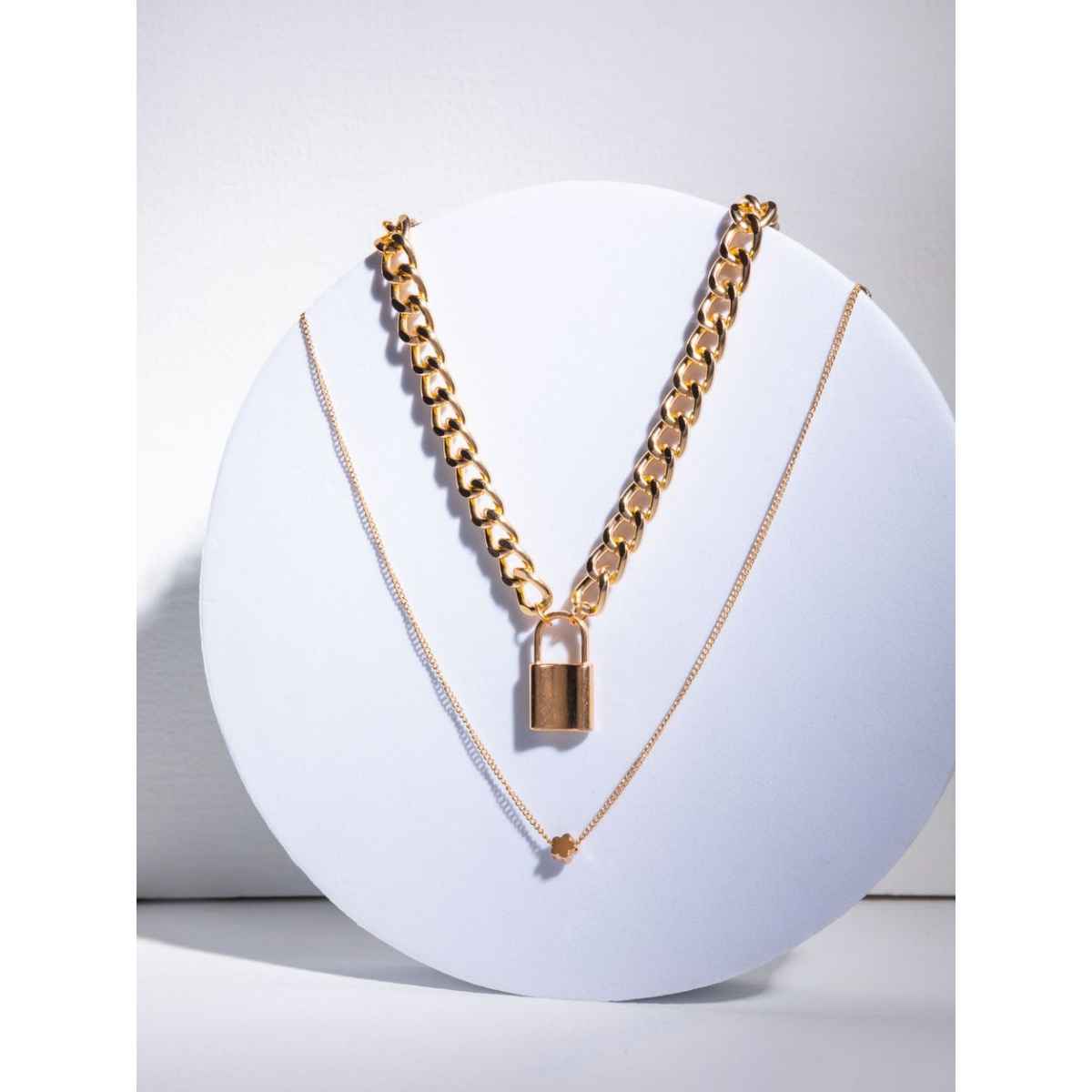 Priyassi Dual-Layered Floral Lock Link Gold-Plated Necklace