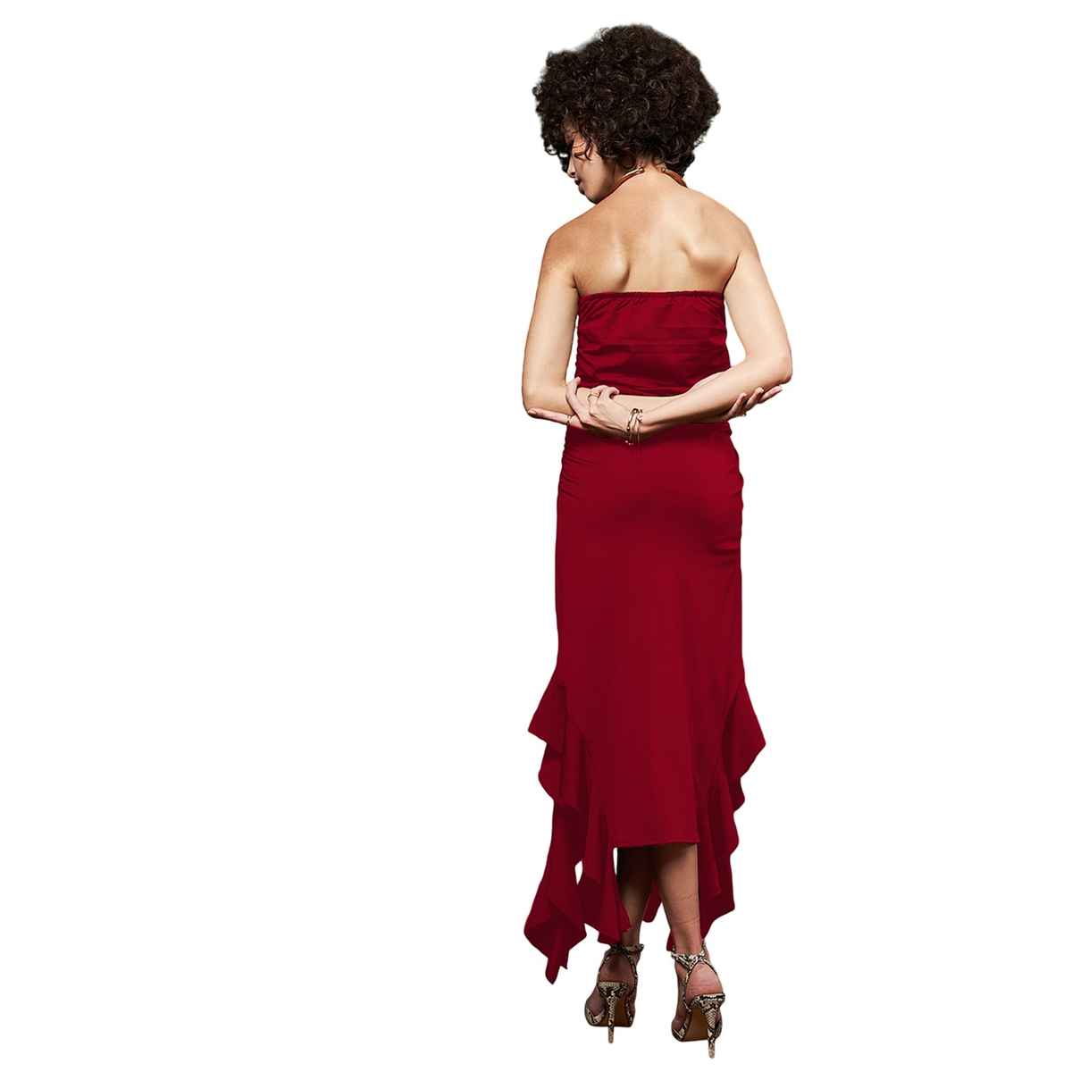 Athena Women's Ruffled Strapless Asymmetric Hem Maxi Dress | Red - S