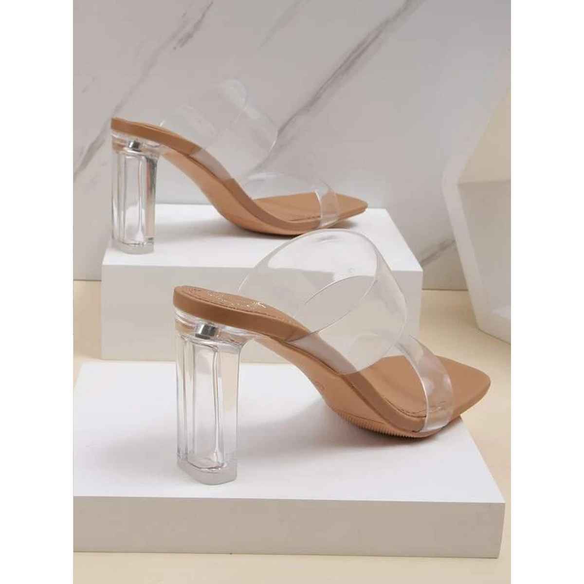 Shoetopia Stylish Trasparent Detailed Beige Block Heels For Women | UK 6