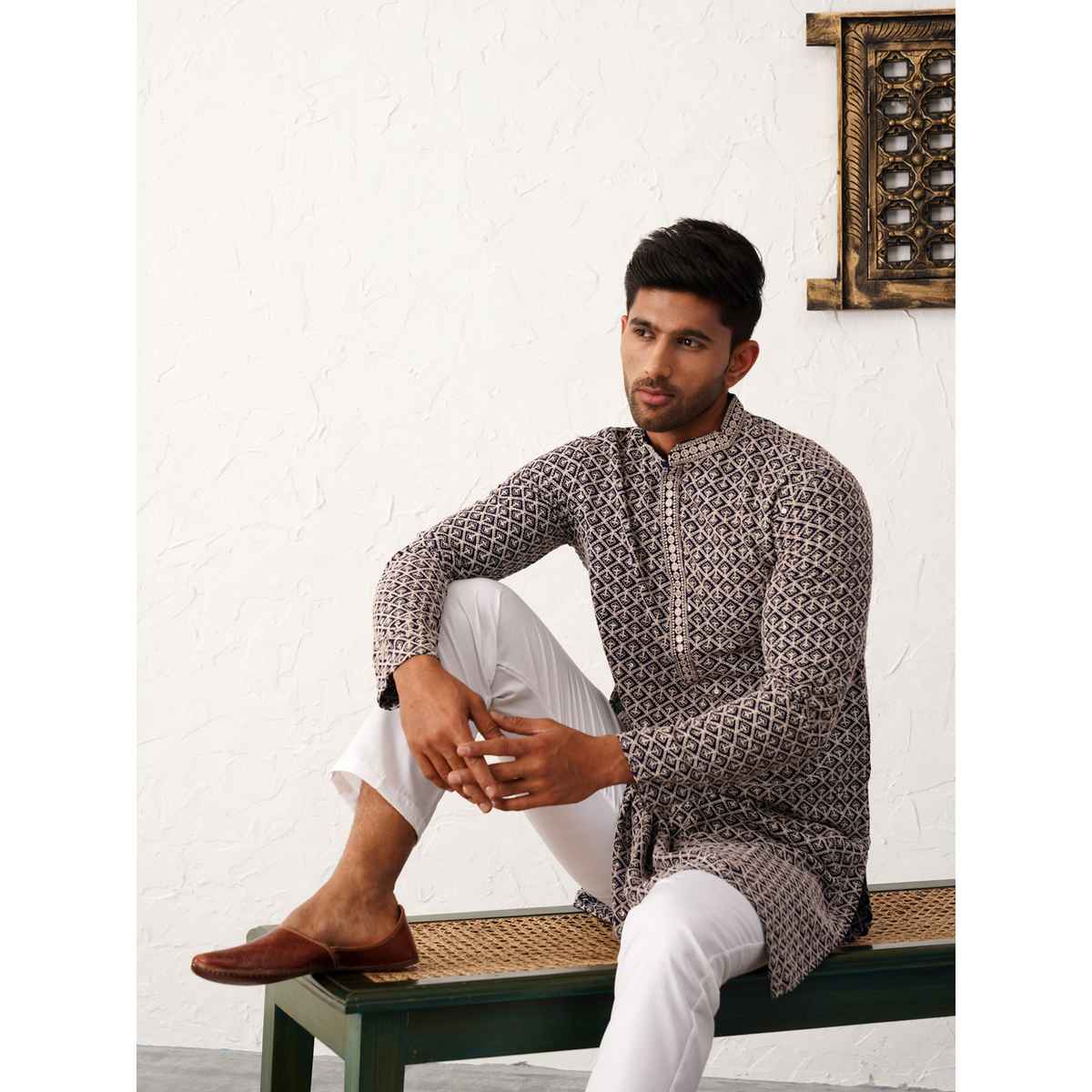 Jompers Sequin Embroidered Pure Cotton Kurtas | KO 5005 Navy | L
