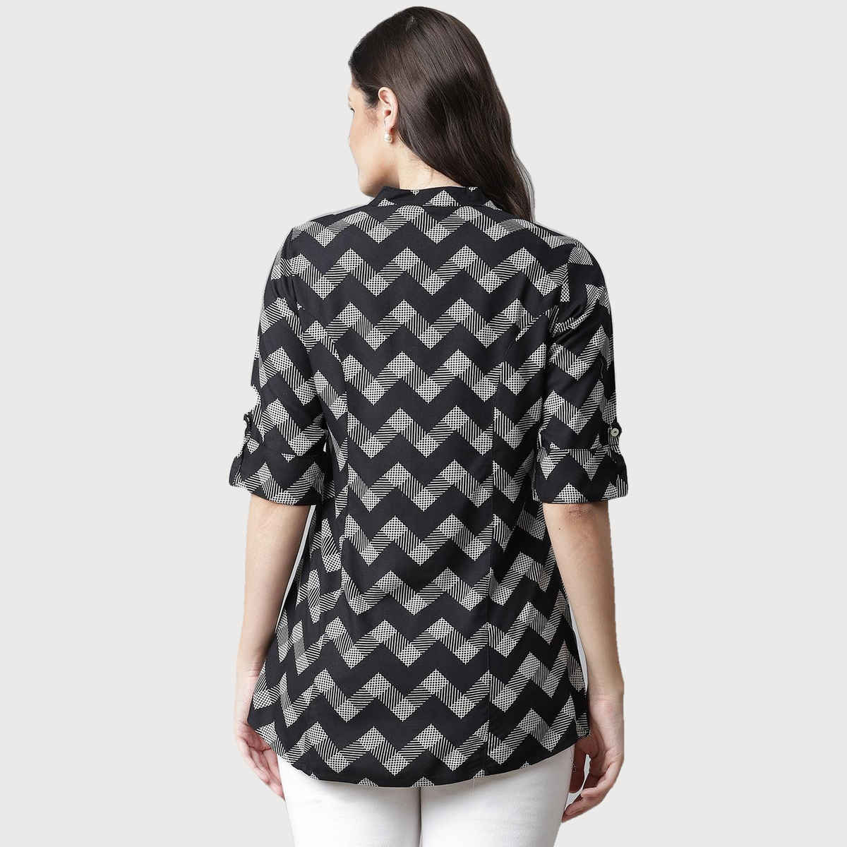 Divena Rayon Zigzag Print Women's Shirt Style Top | DBK0373 | Black - M