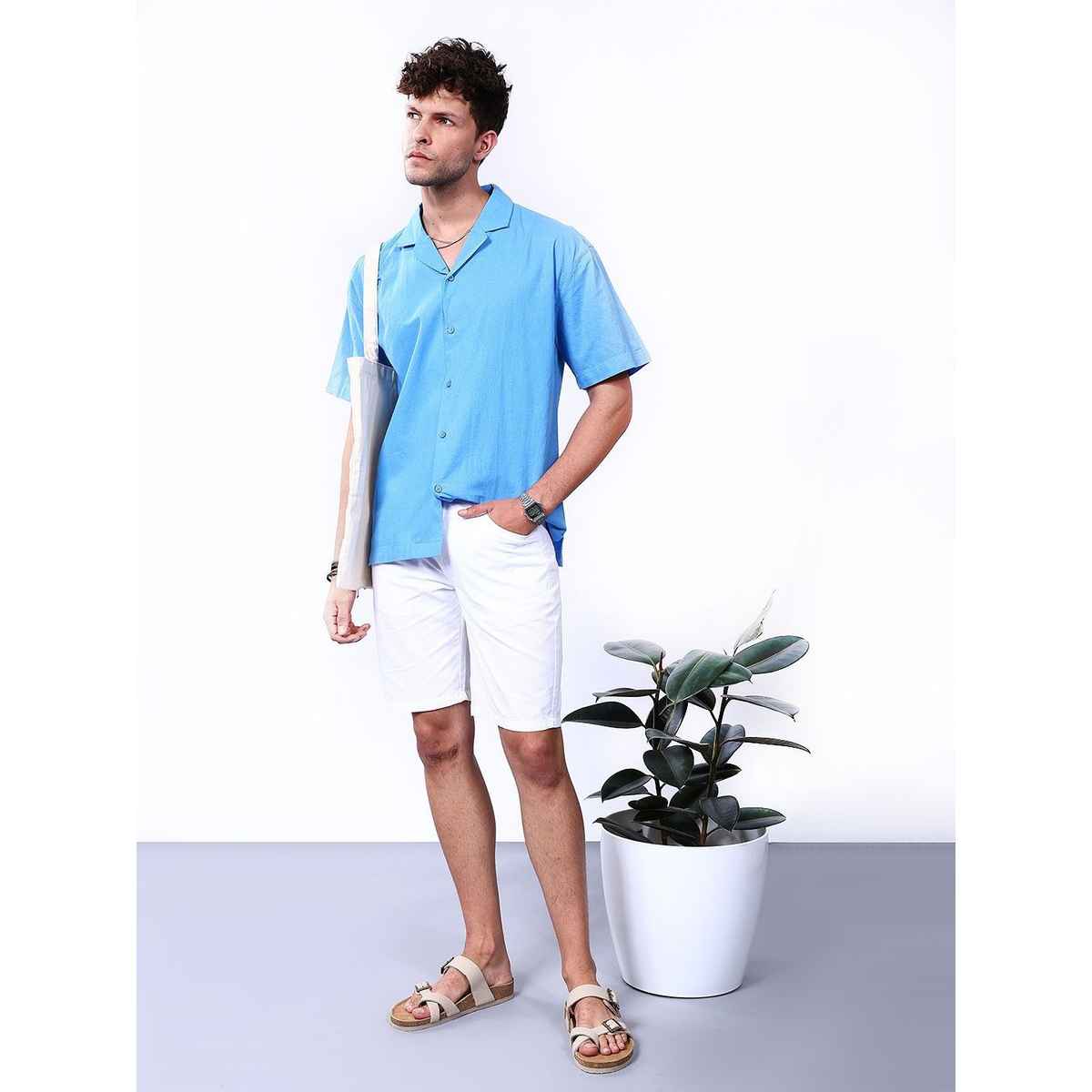 The Indian Garage Co Men's Relaxed Fit Solid Resort Wear Half Sleeve Shirt | Tranquil Blue - L