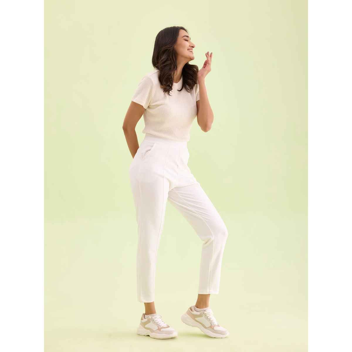 Go Colors Women's Solid Stretch Ponte Pants | LT03 | White - S
