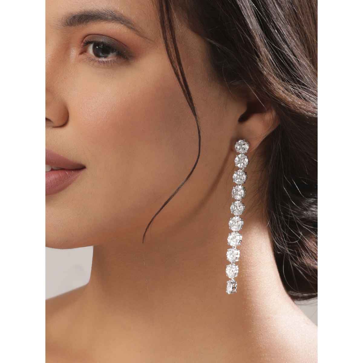 Rubans Rhodium Plated Silver Toned Cubic Zirconia Studded Contemporary Long Drop Earrings