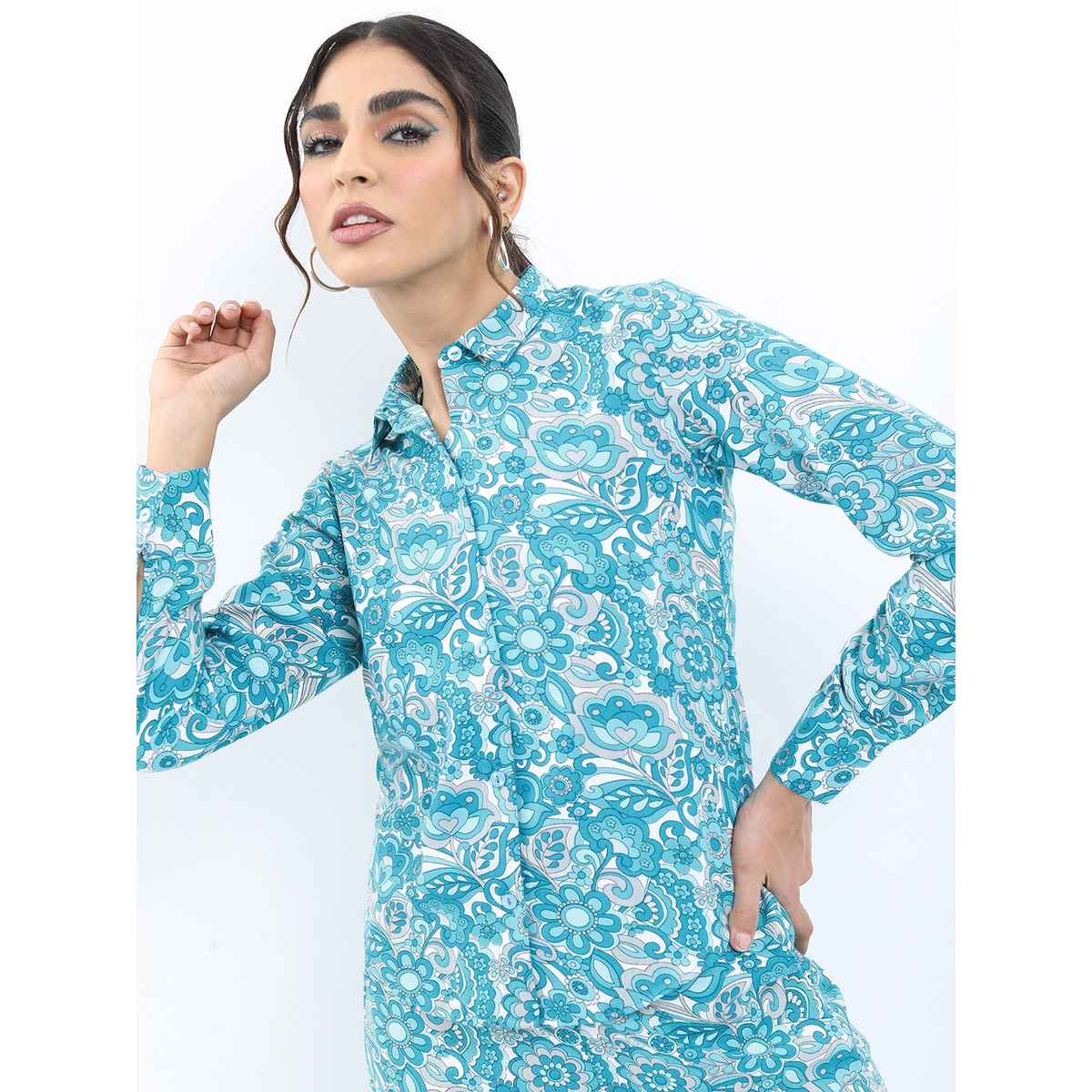 Ketch Women Floral Printed Shirt With Trouser Co-ords | Blue | L