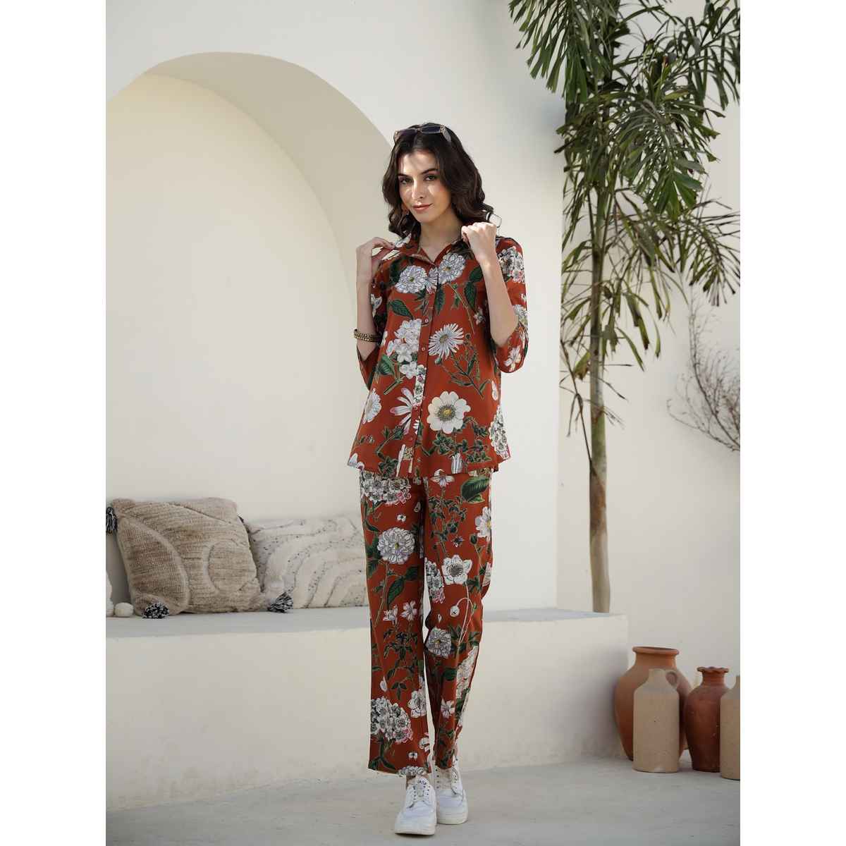Sanskrutihomes Women Floral Printed Cotton Multicolor Shirt With Trousers Co-Ord SE-NSP-678 | L