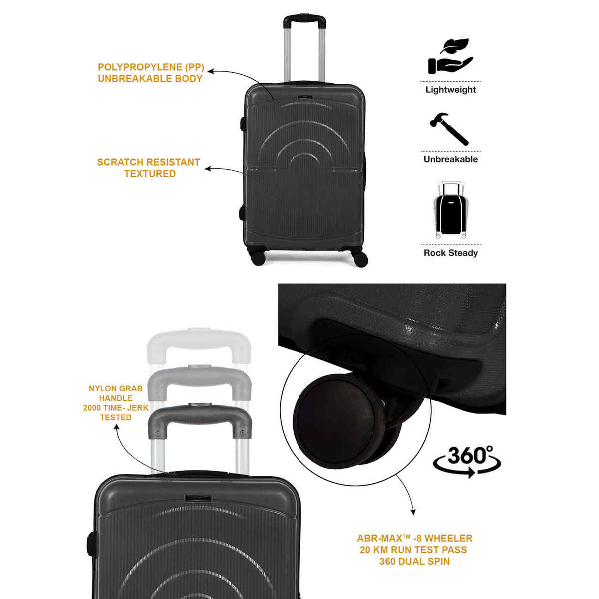 Teakwood Textured PP 40 L Retractable Hard Luggage | Grey - 55 cm