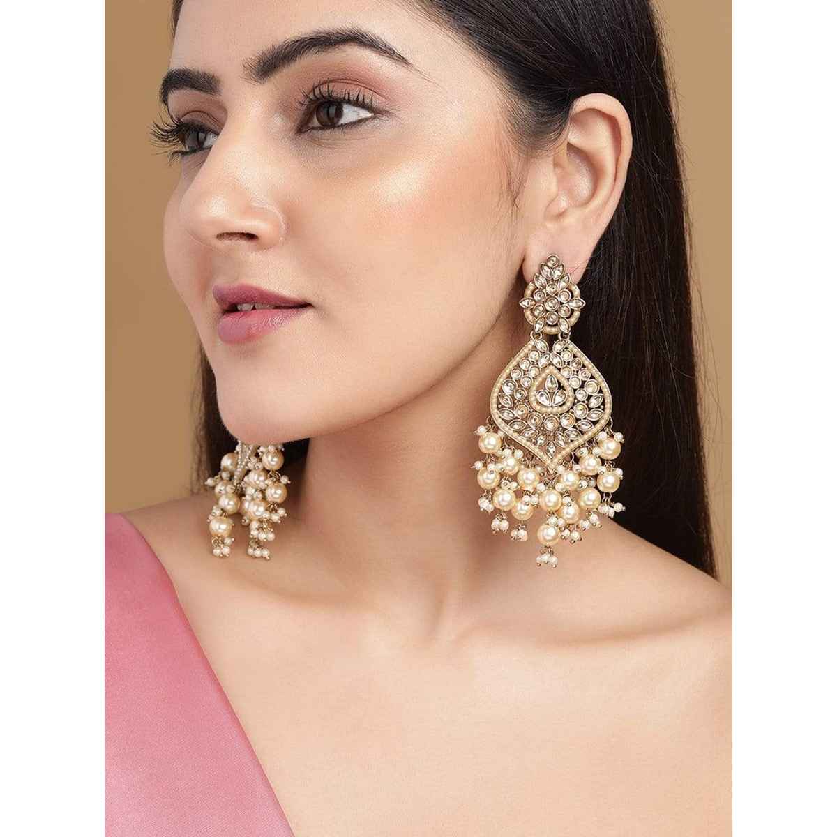 Rubans 18K Gold-Plated Kundan and Glosssy Off-White Pearl Beaded Chandelier Earrings
