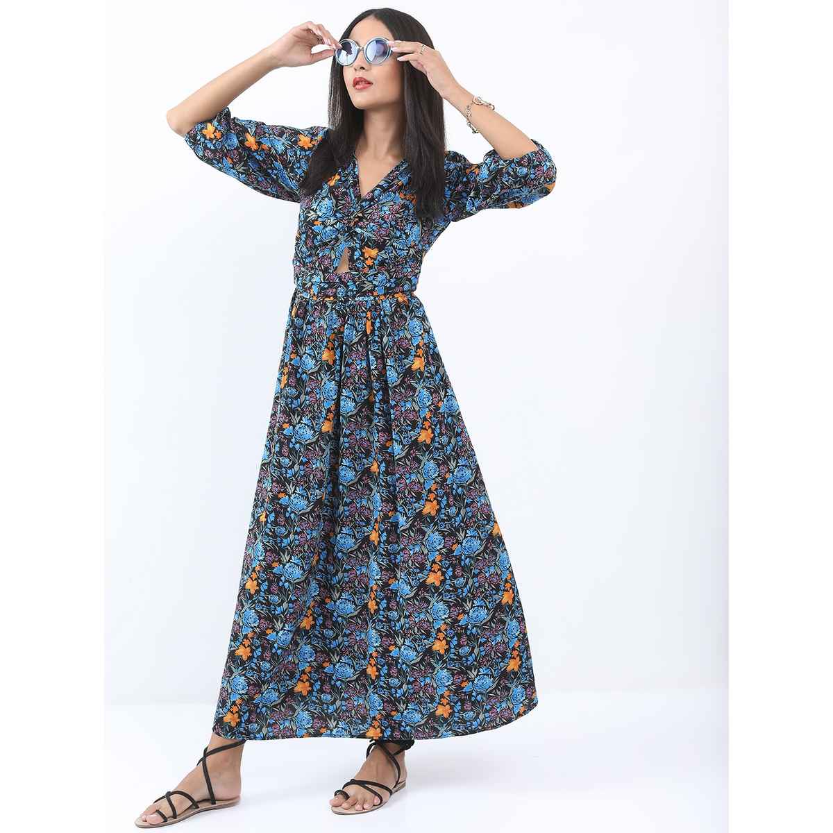 Ketch Women's Floral Printed V-Neck Maxi Dress | Multicolor - XL