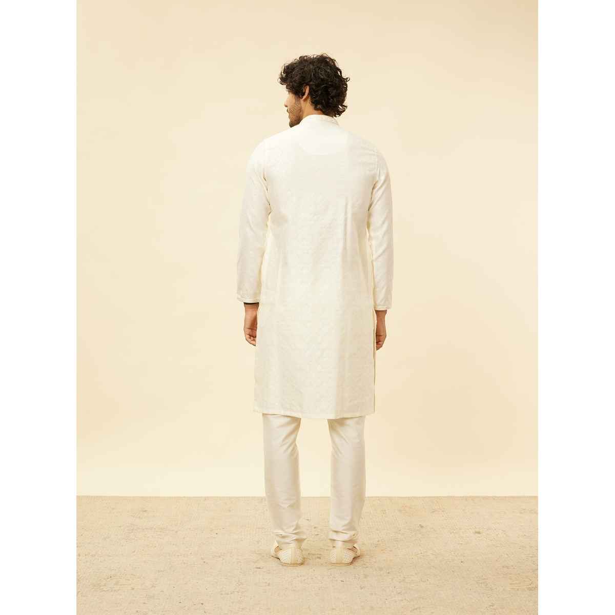 Manyavar Cream Blended Viscose Self Design Kurta Set | XXL