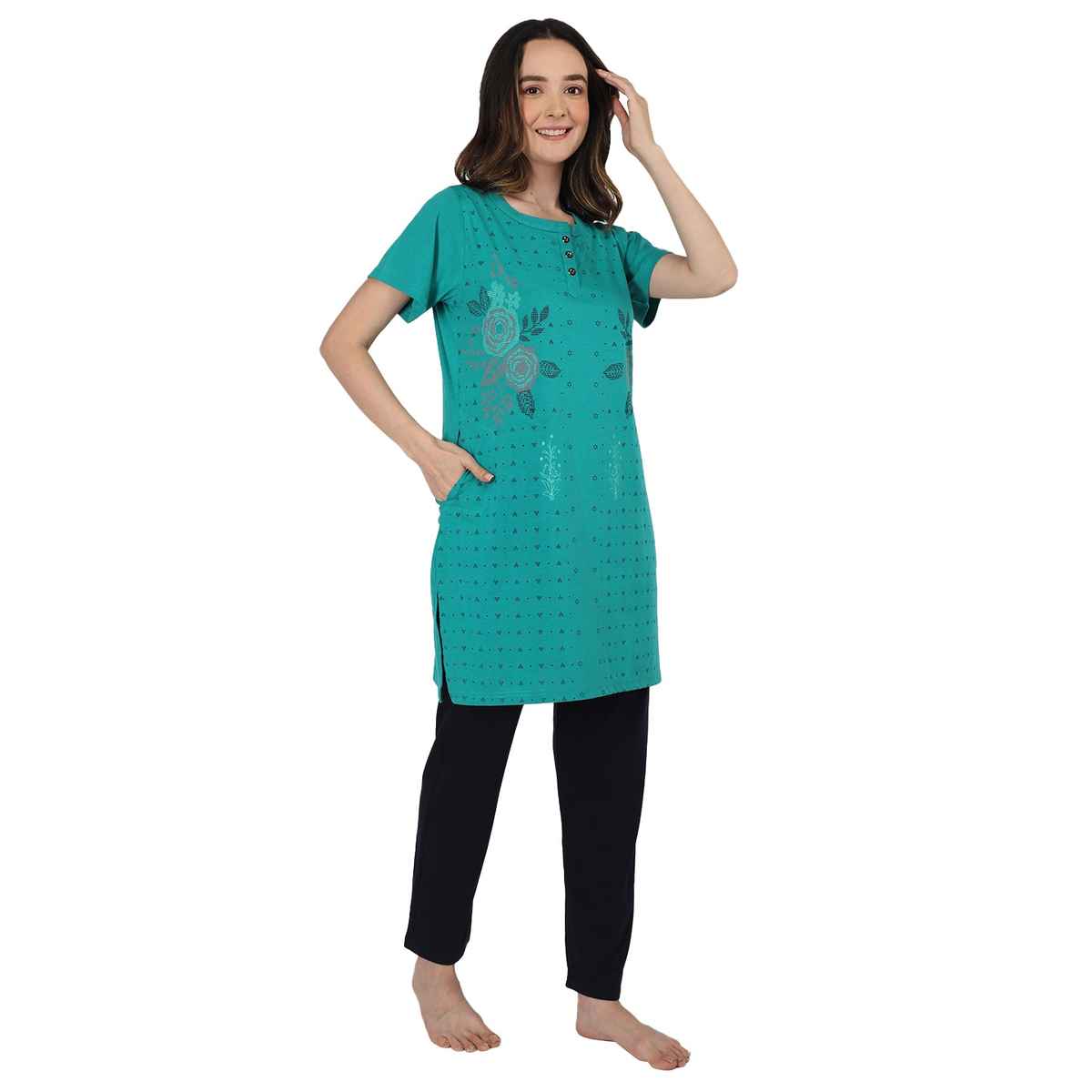 Duchess Women s Cotton Regular Fit Printed Embroided Long Length Night Suit Set | CyanGreen | 2XL