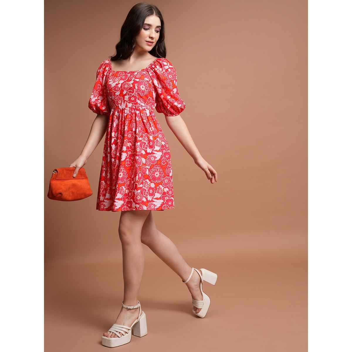 Tokyo Talkies Women's Floral Printed Puff Sleeves Gathered Fit & Flare Mini Dress | Red & White - XL