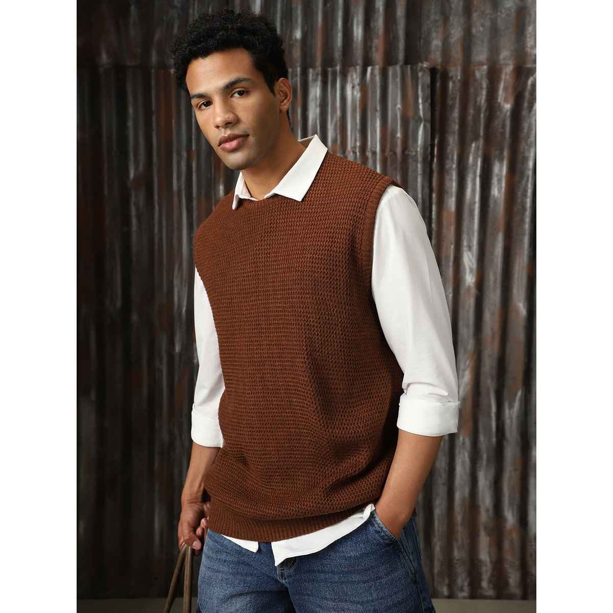 High Star Men's Sleeveless Round Neck Pullover Vest | Brown - L