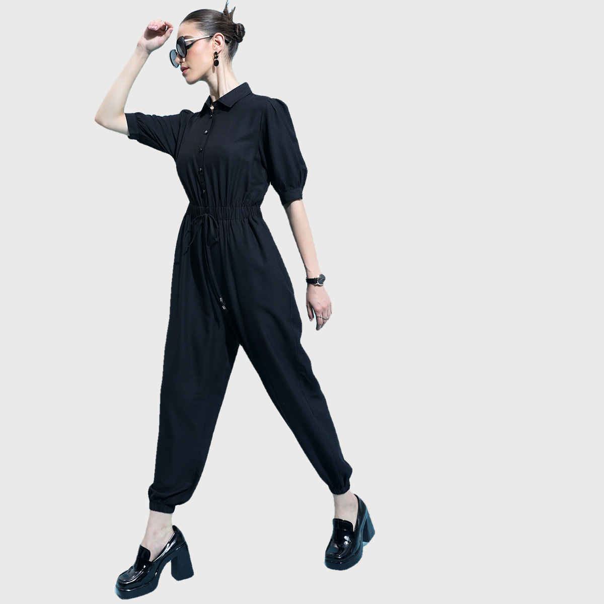 Ketch Women's Shirt Collar Basic Jumpsuit | Black - L