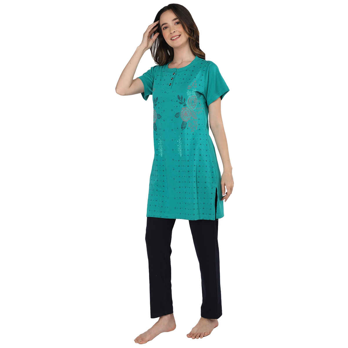 Duchess Women s Cotton Regular Fit Printed Embroided Long Length Night Suit Set | CyanGreen | 2XL