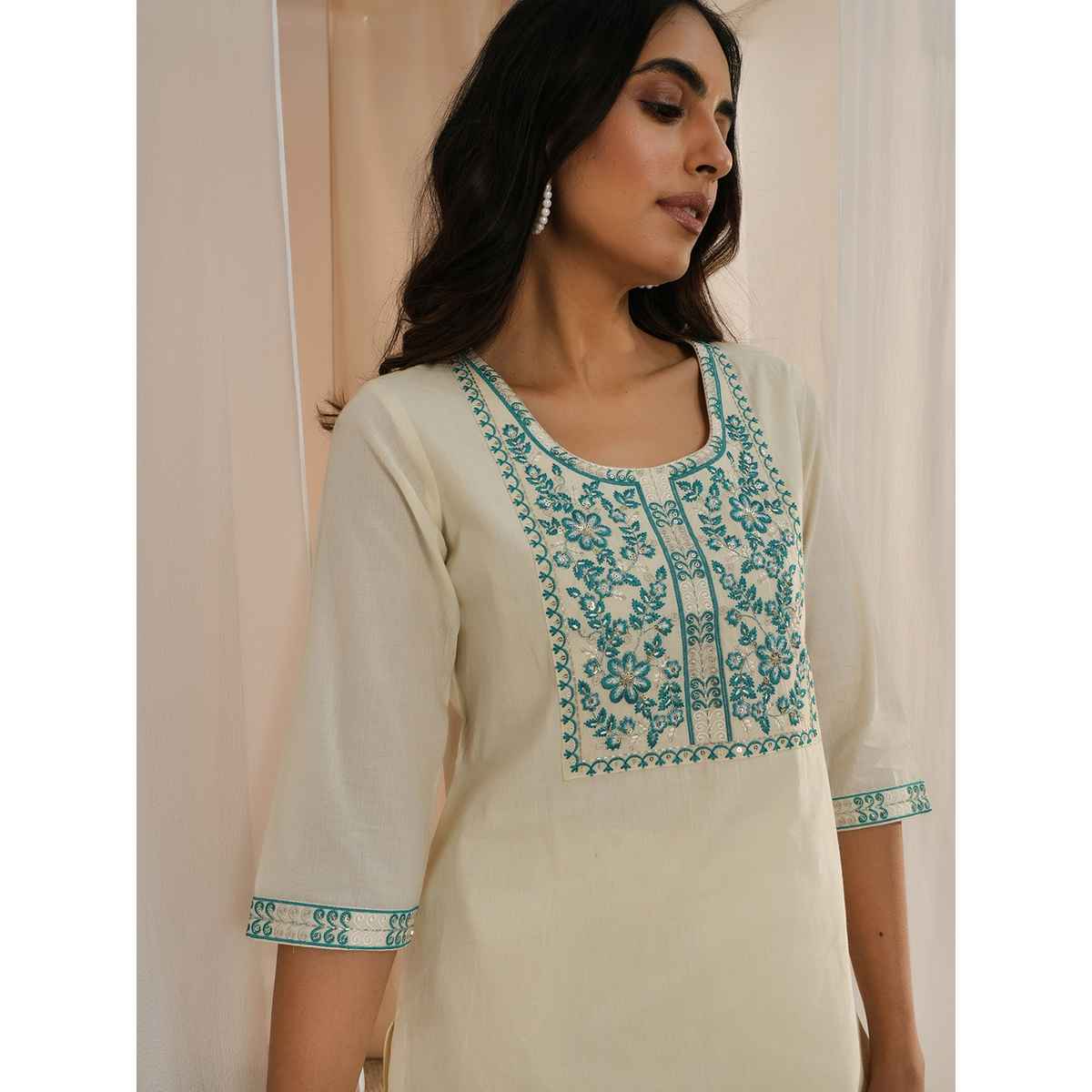 Libas Women's Off White Yoke Design | Cotton Straight Kurta | XS