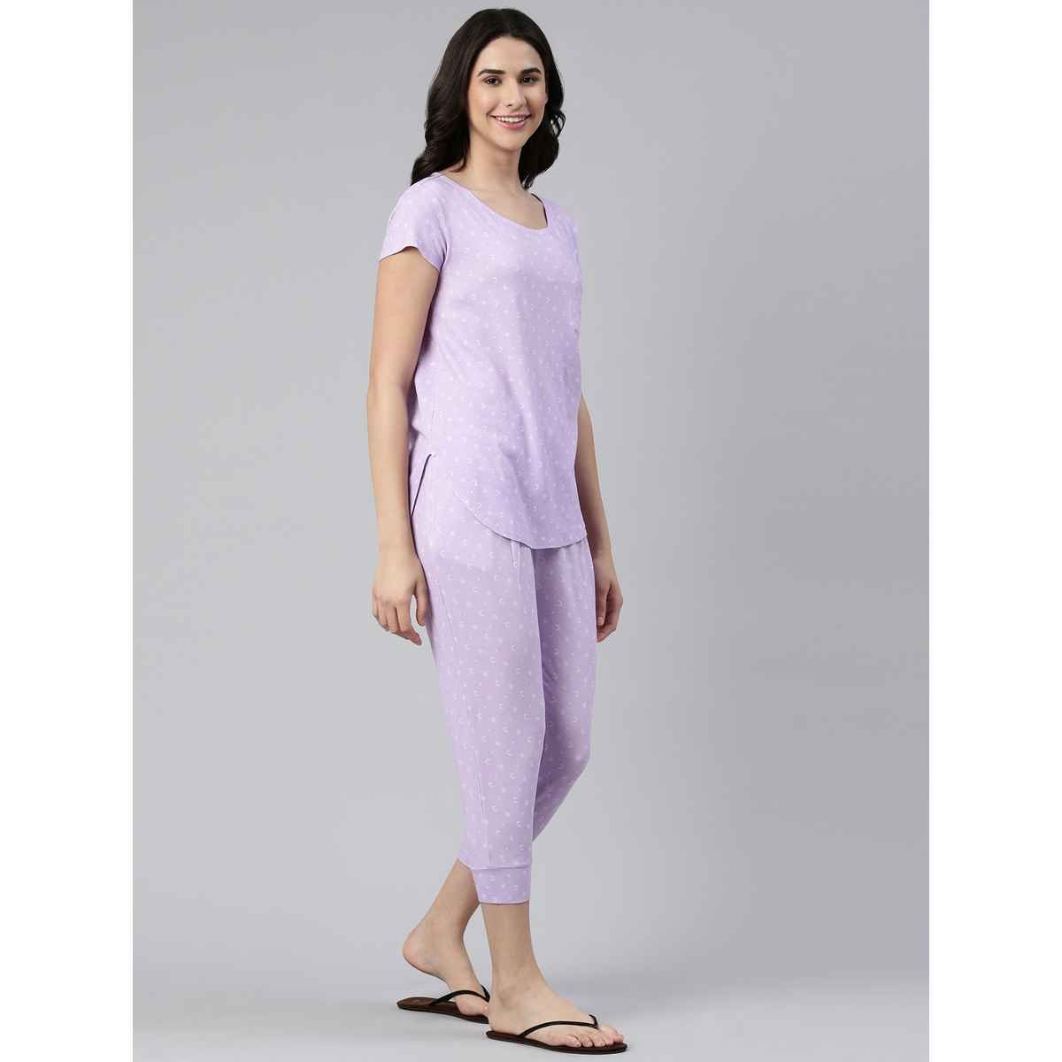 Enamor Essentials EC16 Women s Aop-Soft & Drapey All Over Printed Lounge Capri Set | Lavendar | XL