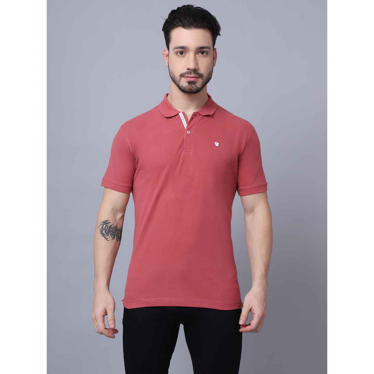 Cantabil Men's Solid Polo Neck Casual T-shirt | Dusty Pink - XL