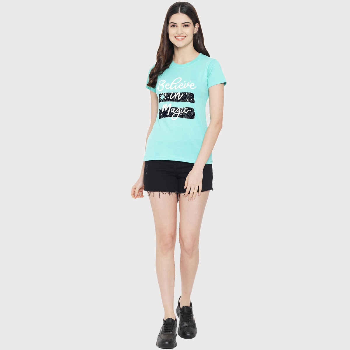Fabflee Women Regular Cotton Printed Round Neck Tshirt | Sky Blue | FAB-WT-26 | M