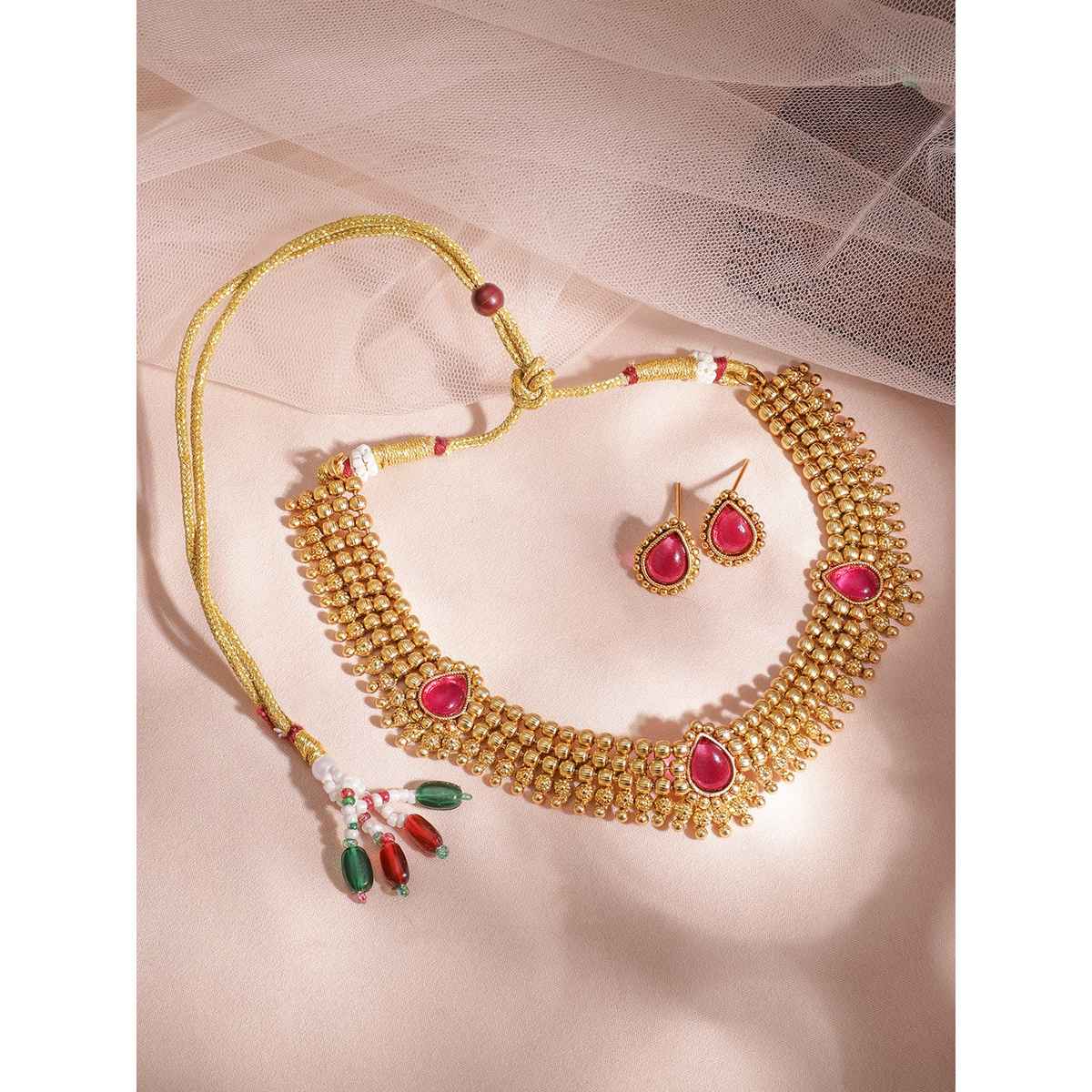 Rubans 22KT Gold Plated Ruby Stone Studded Gold Tone Traditional Temple Jewellery Set