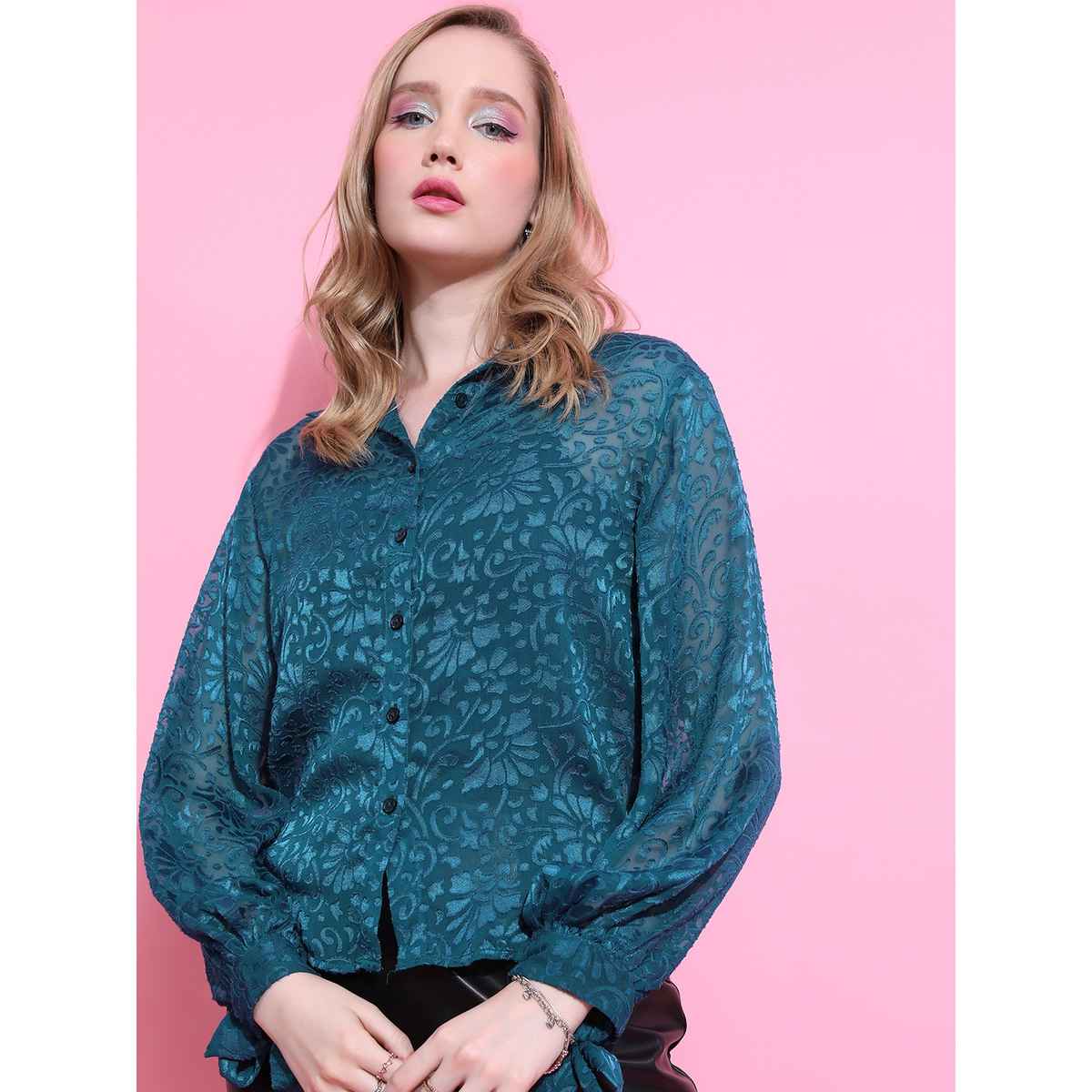 Ketch Women's Self Design Semi Sheer Lace Shirt Style Top | Teal | S