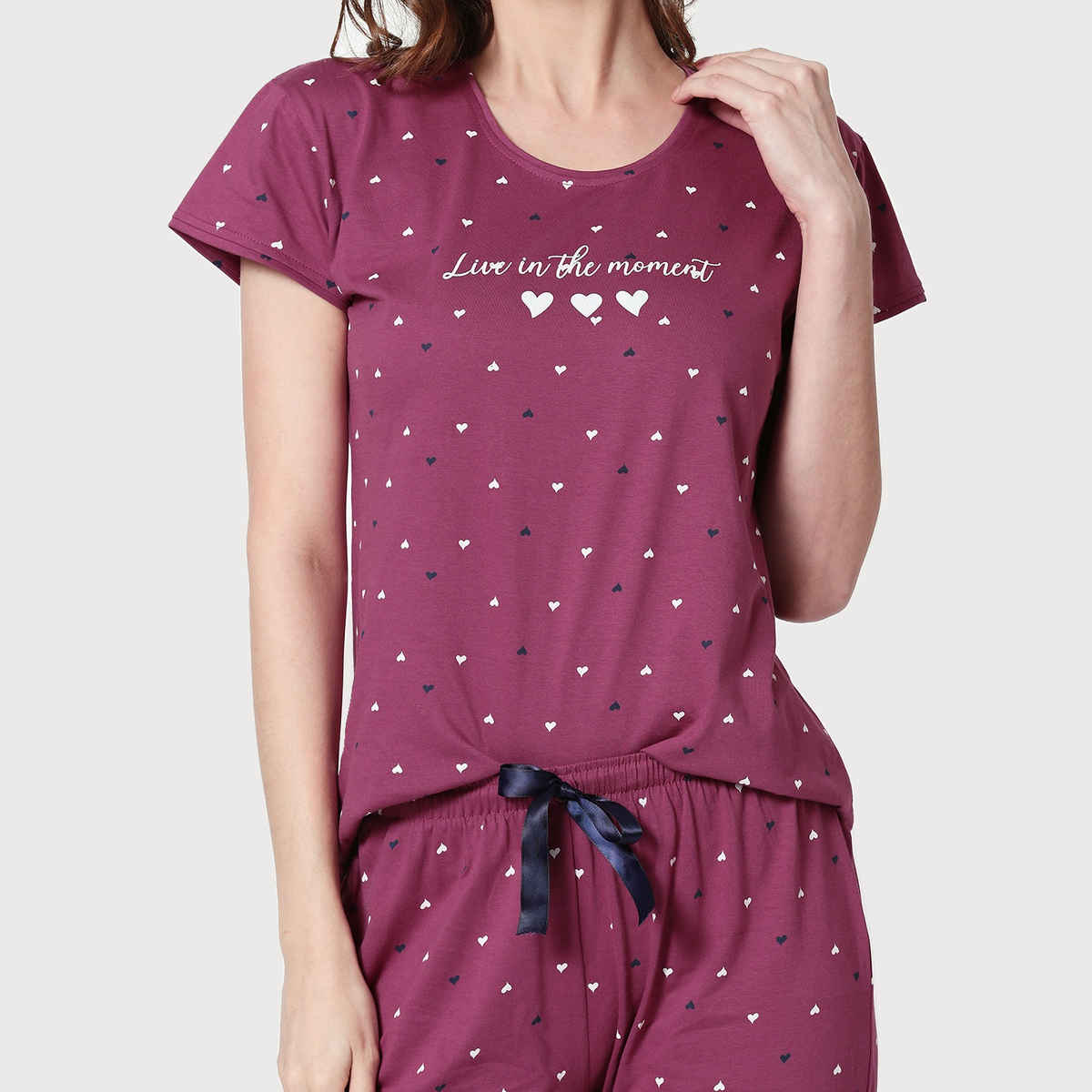 Zeyo Women Cotton Heart Printed Plum Red Night Suit Set of Top & Pyjama 5302-WN-5XL