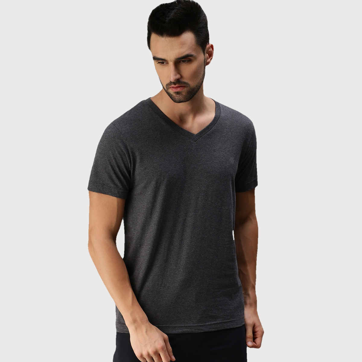 ONN Premium Men's Solid Pure Cotton V Neck T-shirts | Black Melange | Size - S