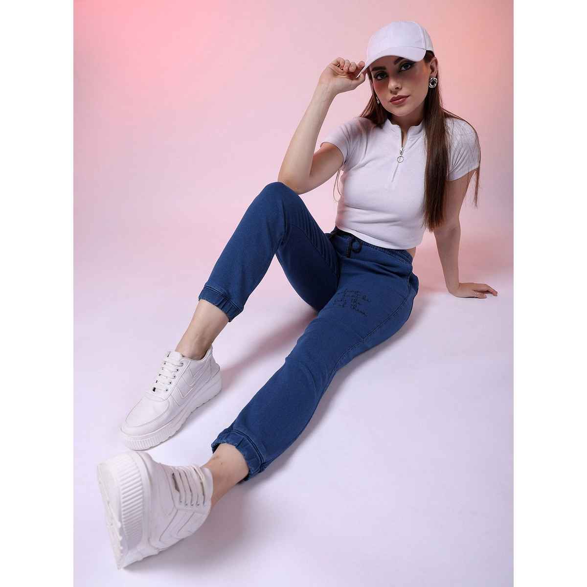 Freehand Women's Mid-Rise Medium Washed Printed Joggers With Elasticated Drawstring | Blue - 28