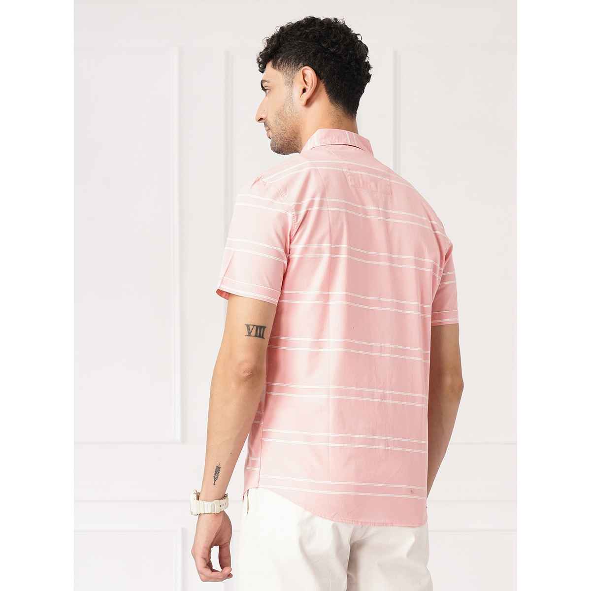 The Indian Garage Co Men's Slim Fit Striped Casual Shirt | Pink - L