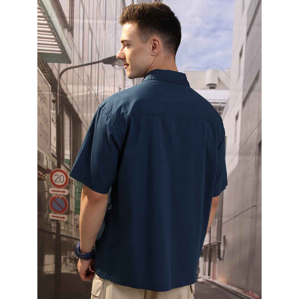 HIGHLANDER Men's Blue Drop Shoulder Boxy Oversized Fit Shirt | Blue - XL
