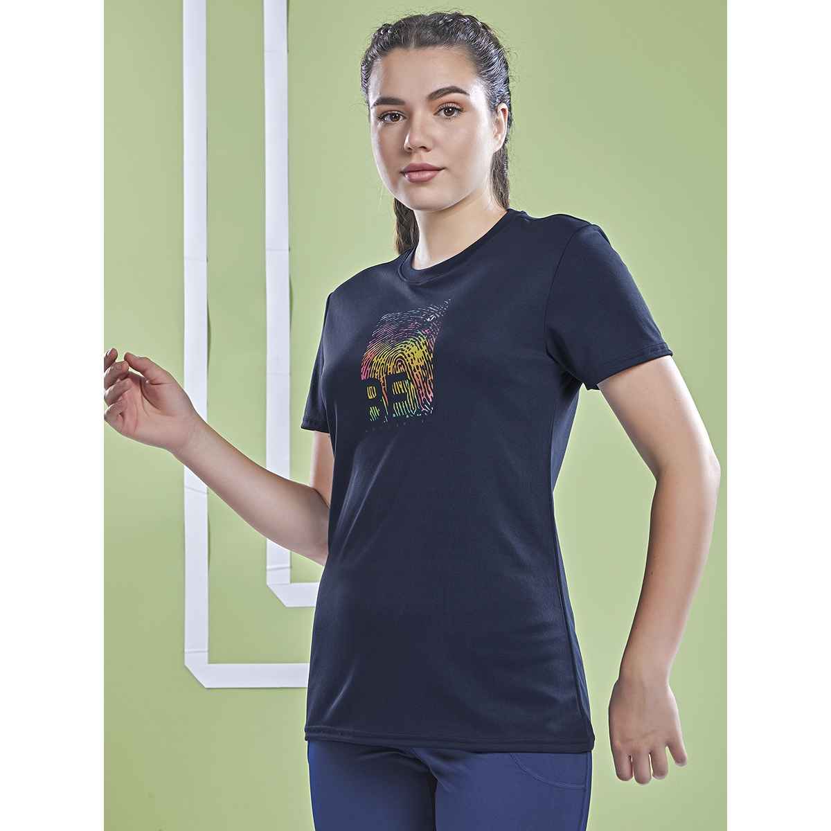 Technosport Women's Printed Slim Fit Round Neck Sports T-shirt with TECHNOCOOL+ - Navy XL
