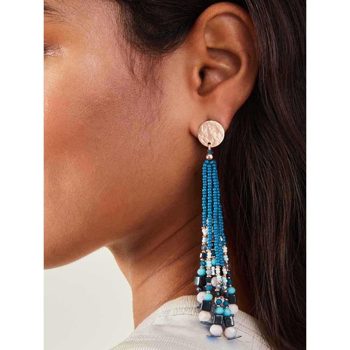 Accessorize London Women's Blue Long Beaded Tassel Earrings - Blue