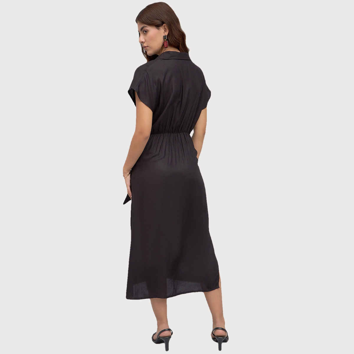 DL Women's Shirt Collar Short Sleeves Belted Midi Shirt Dress | DLWDRW23006 | Black - L