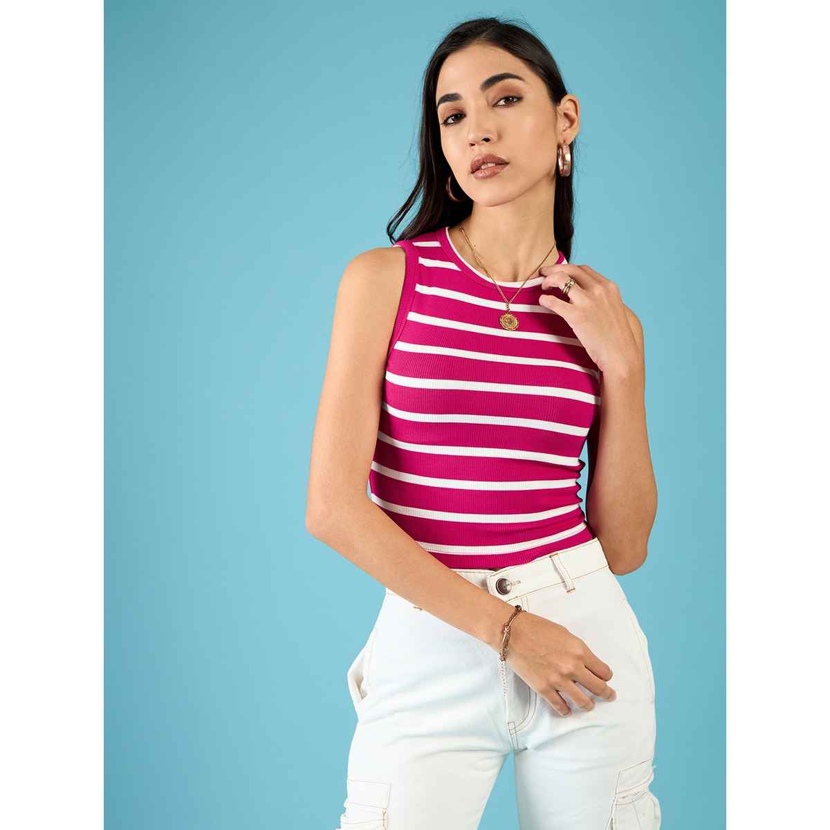 Uptownie Women's Stretchable Ribbed Sleeveless Crop Top | 120018867 | Pink | S