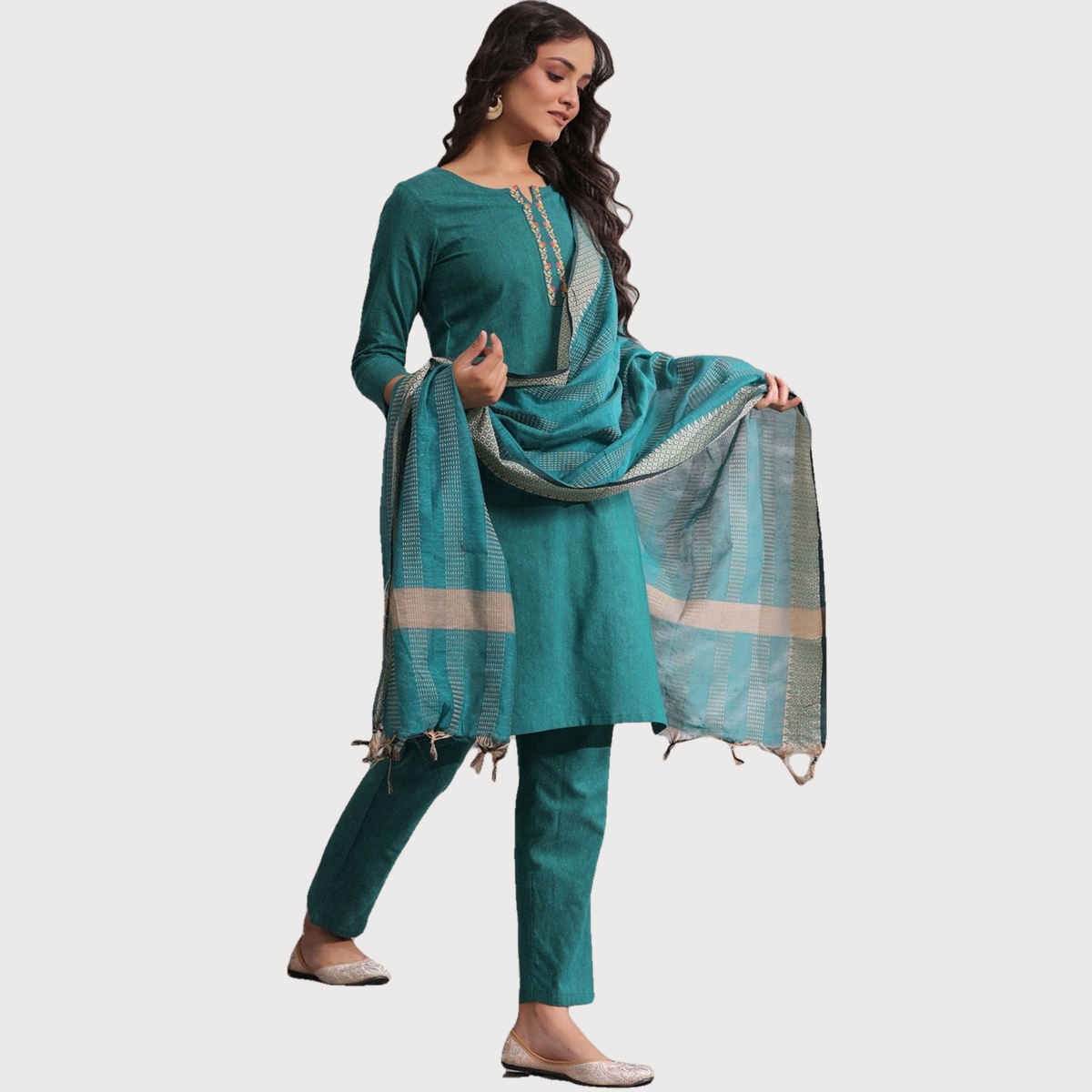 Anubhutee Women's Ethnic Wear Cotton Blend Straight Kurta Set with Dupatta | Green - S