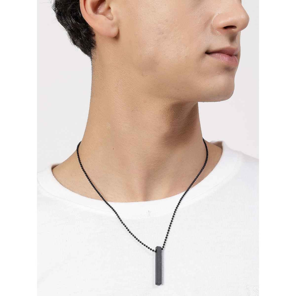 NVR Men's Set of 2 Rhodium Plated Bar Pendant & Chain | NVR2289