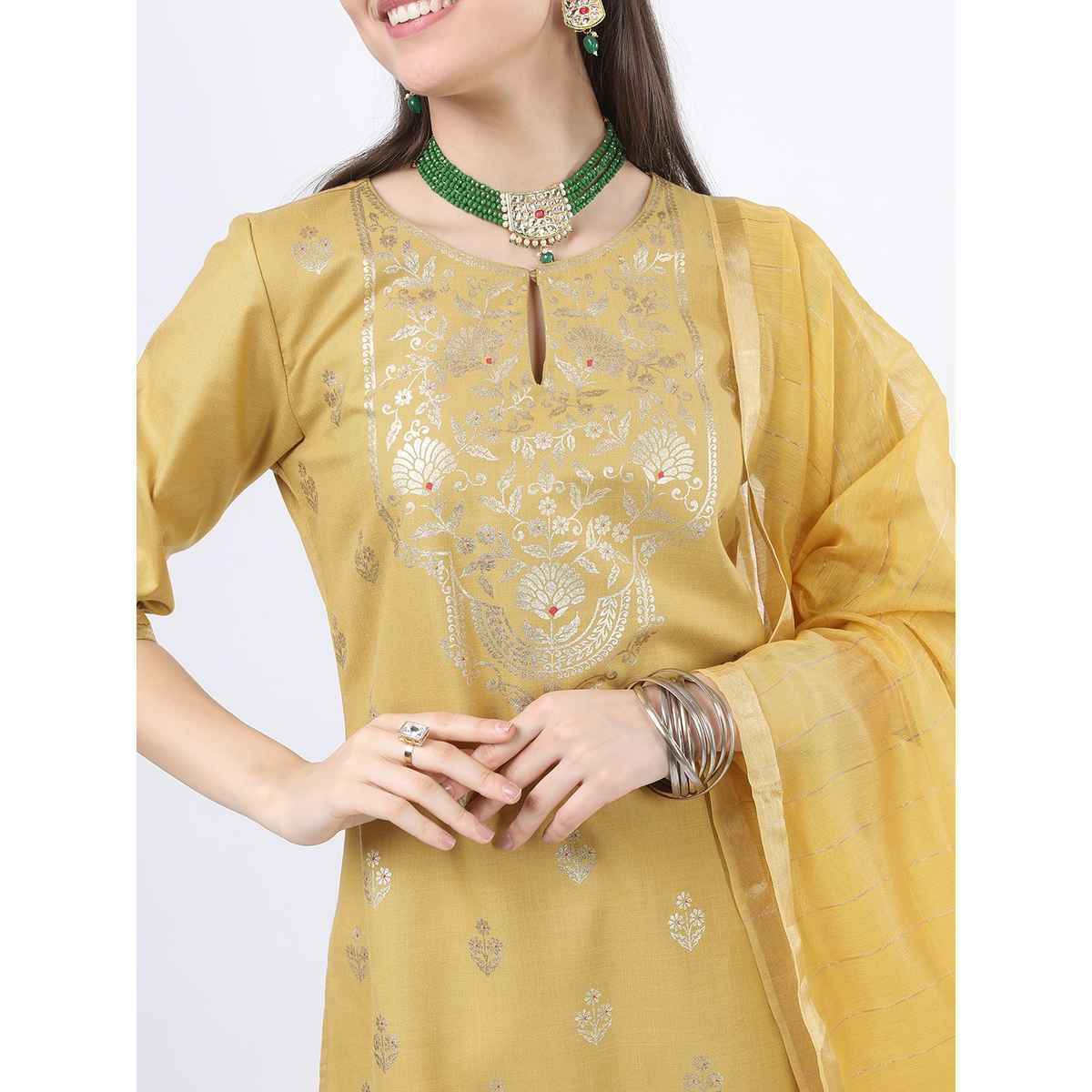Ketch Women's Yellow Printed Kurta With Palazzos Dupatta | L
