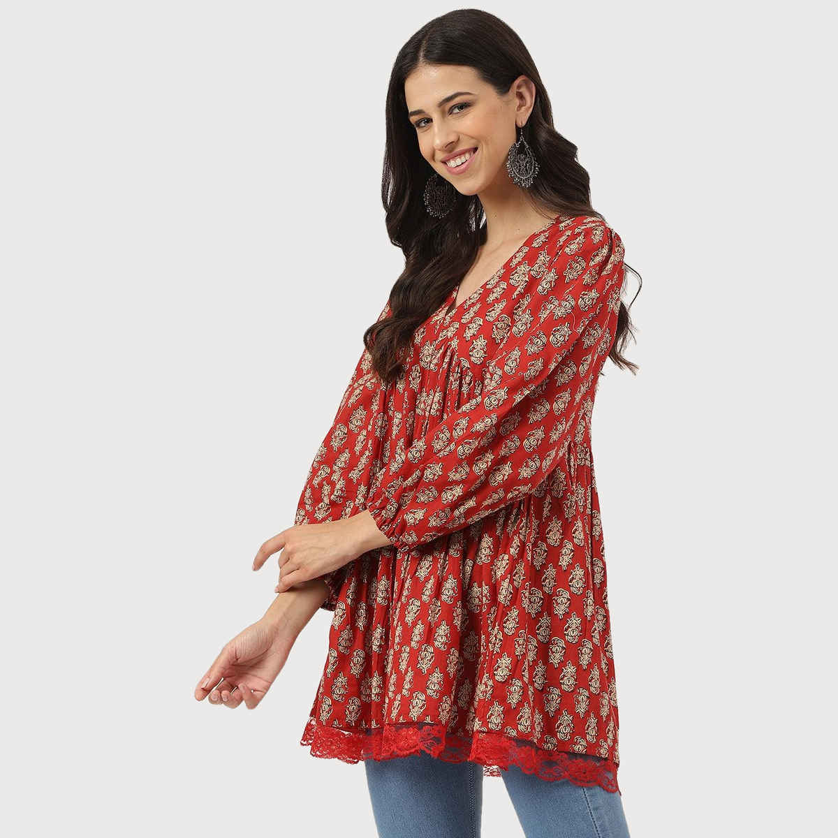 Divena Women's Floral Cotton Pemplum Style Tunic | DK0900 | Red | XL