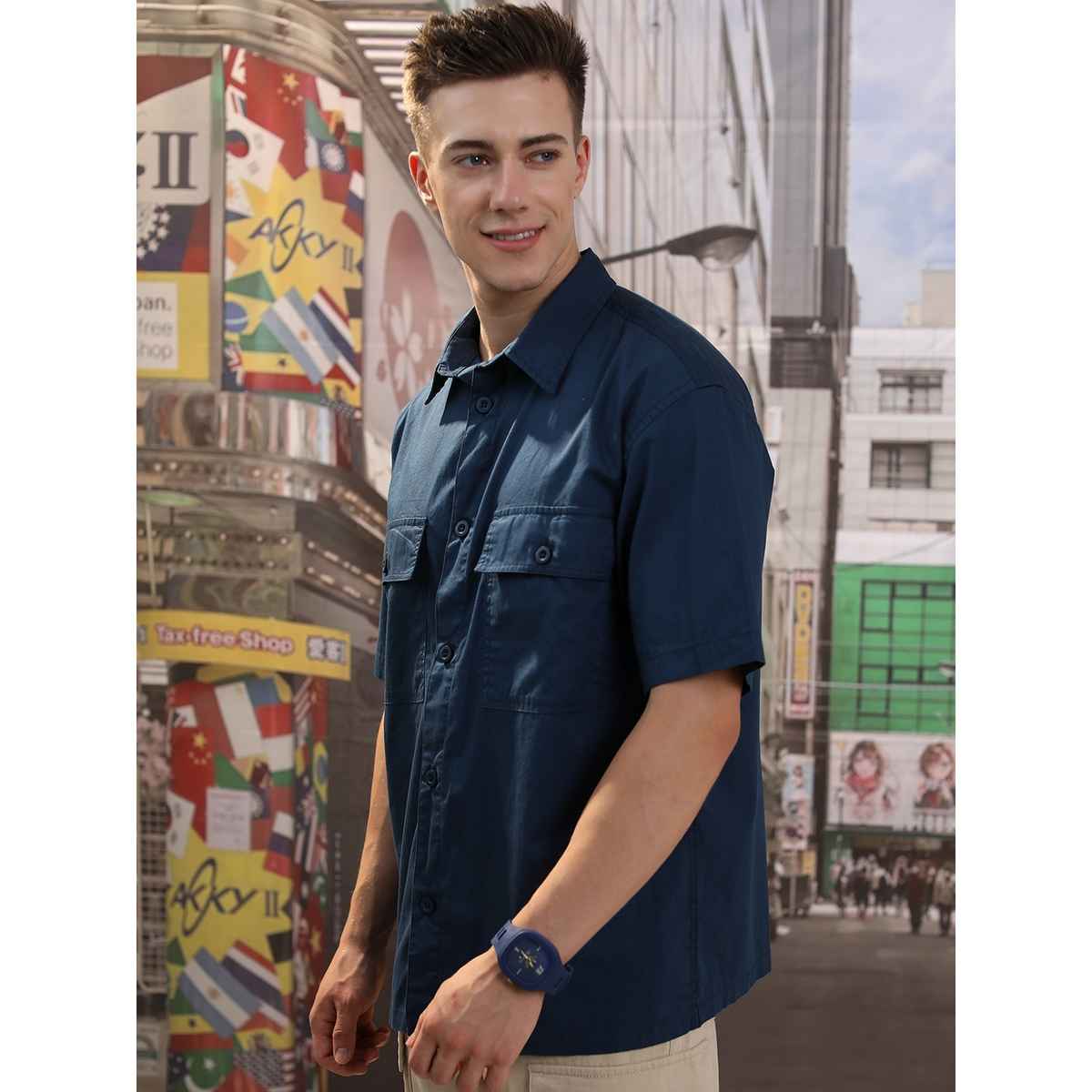 HIGHLANDER Men's Blue Drop Shoulder Boxy Oversized Fit Shirt | Blue - XL