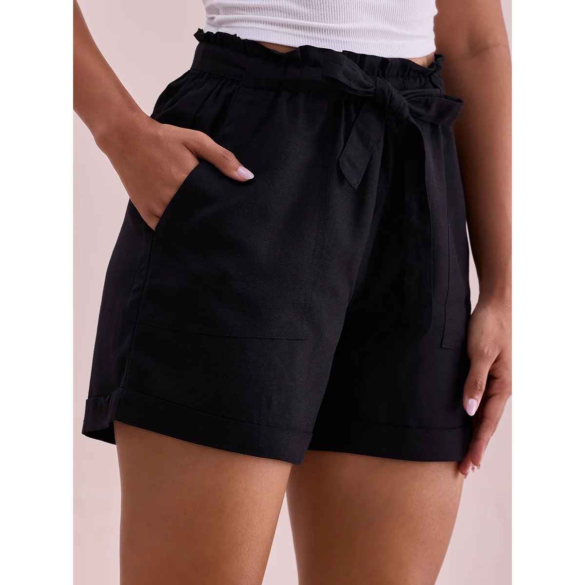 Luxrio Women's Cotton Linen Blended Shorts | WMNSHORTSCF | Black - L