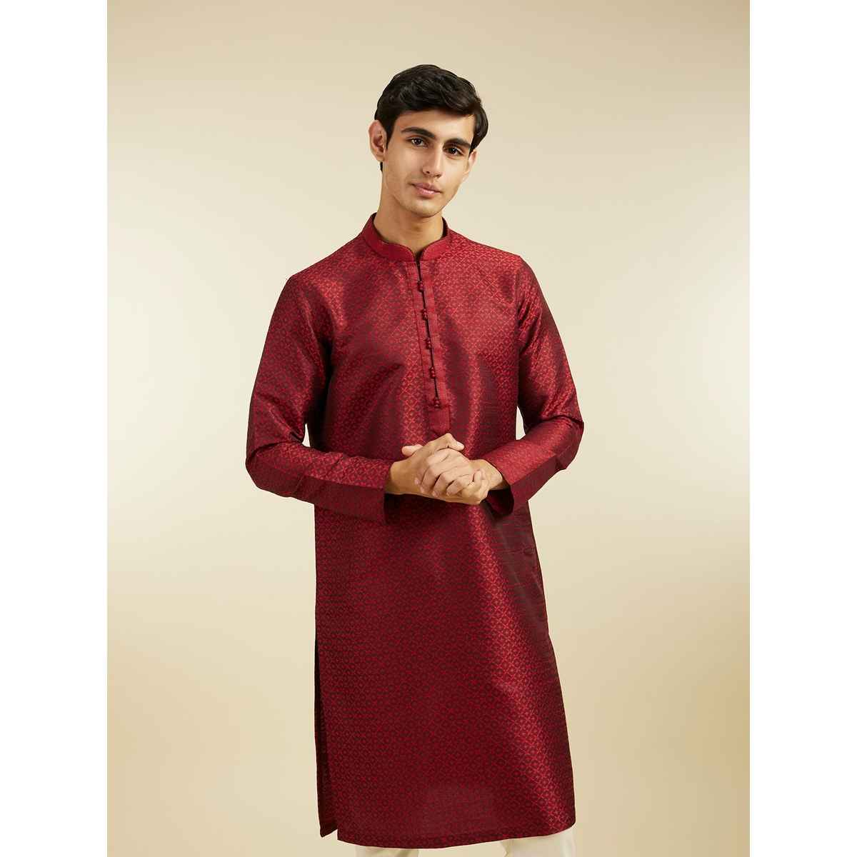 Diwas By Manyavar Maroon Art Silk Self Design Kurta Set | L