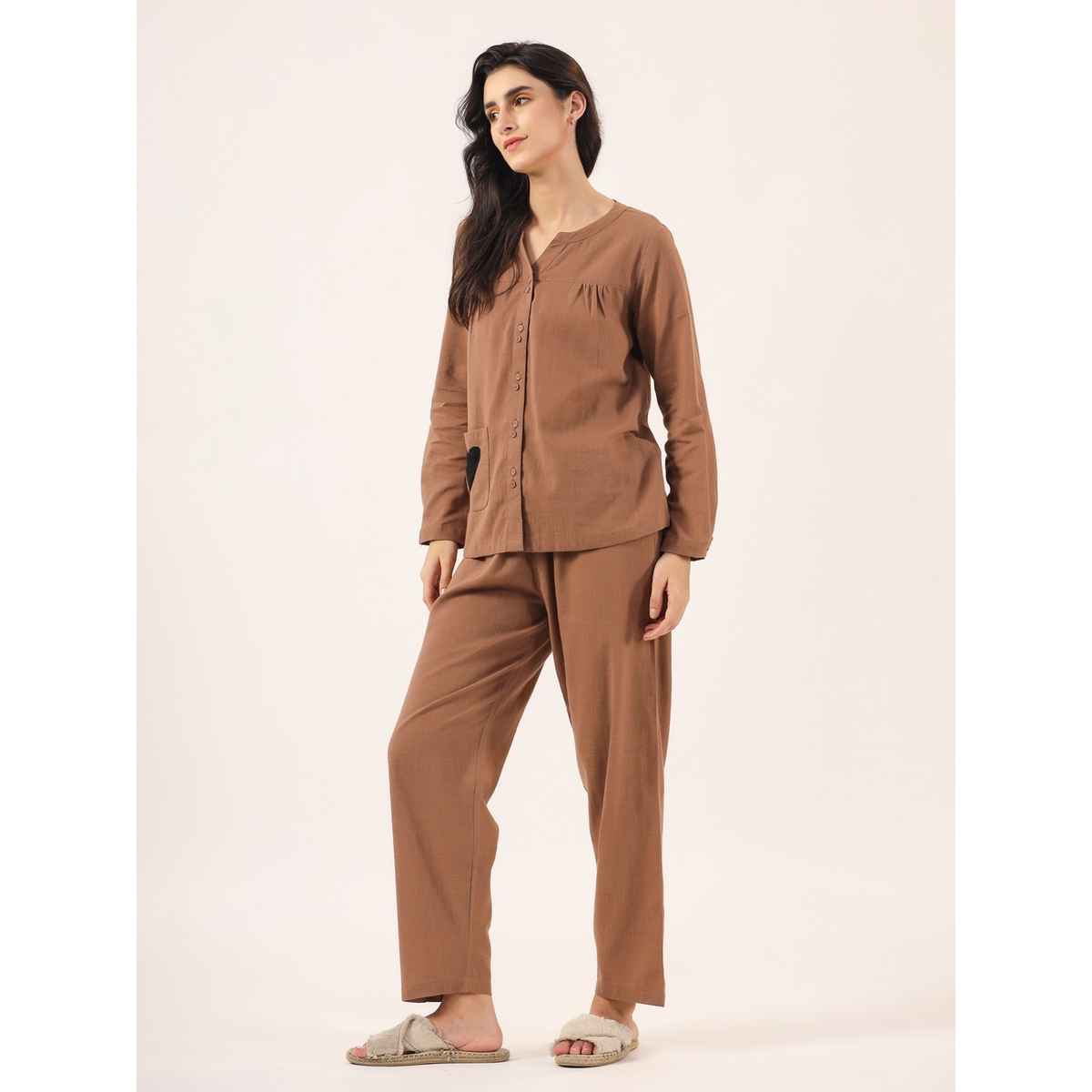 Sanskrutihomes Mandarin Collar Pure Cotton Night Suit | Brown - S