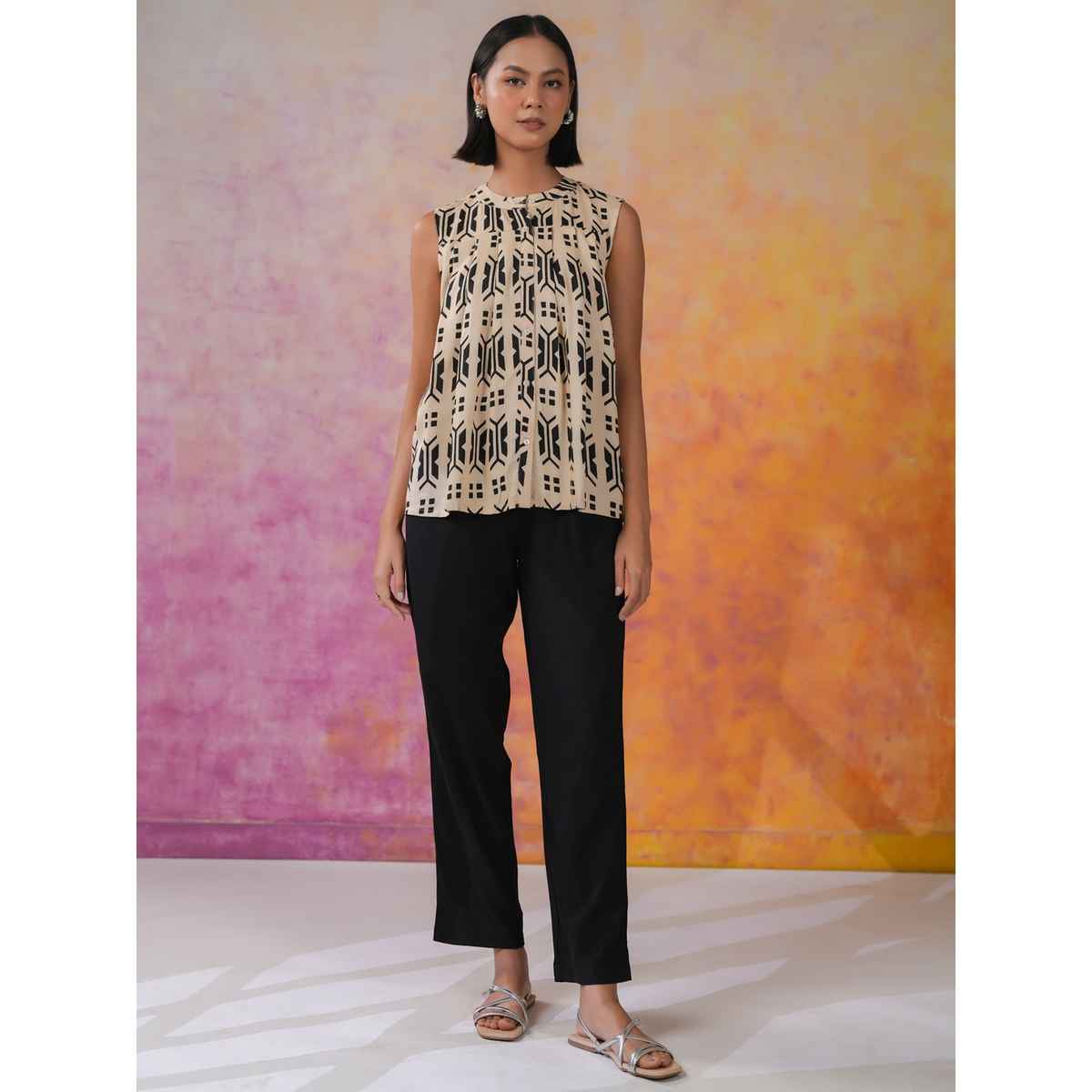 Sanskrutihomes Printed Mandarin Collar Top With Trousers for Women s | Black | L