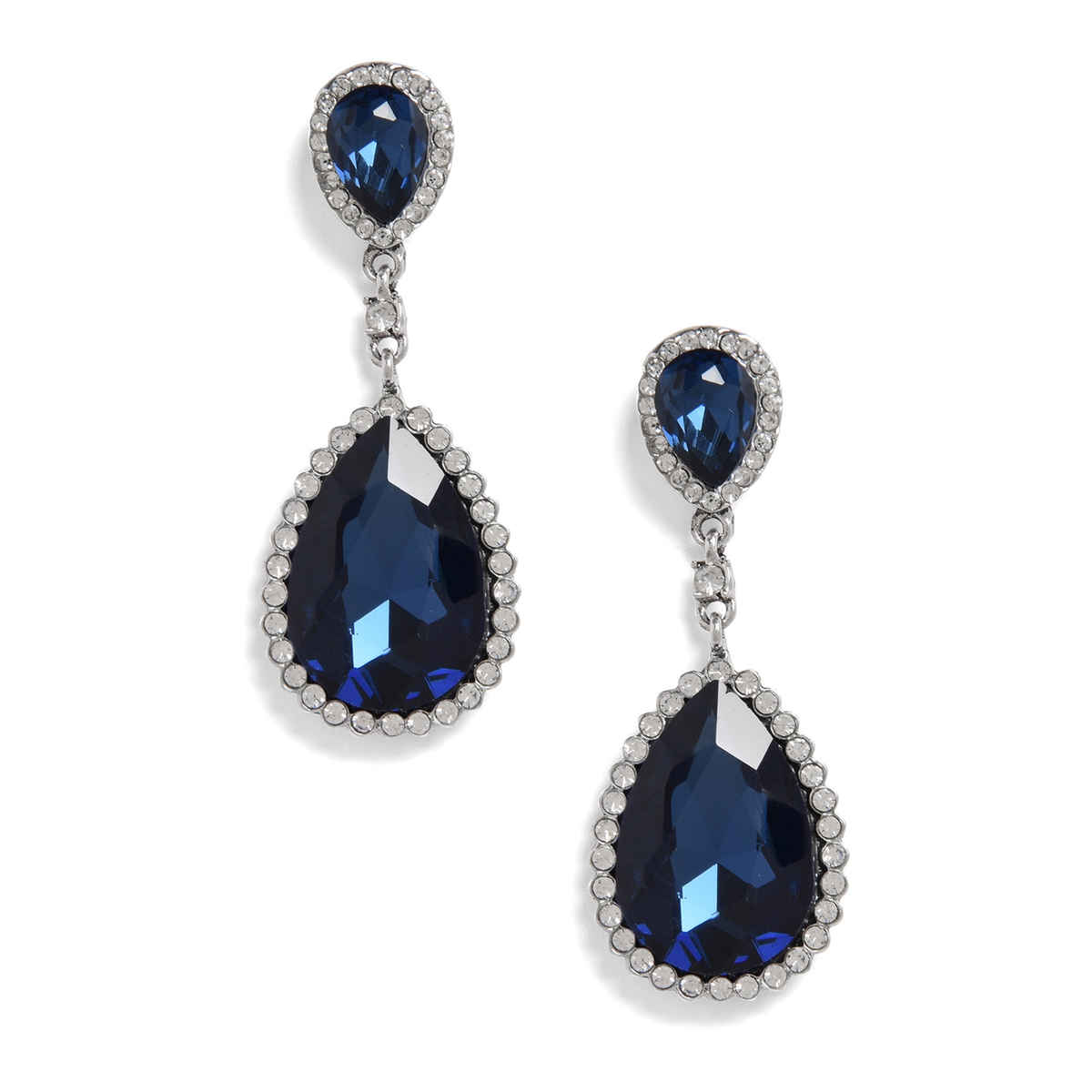 Sohi Navy Blue Silver Toned Teardrop Shaped Drop Earrings For Women's